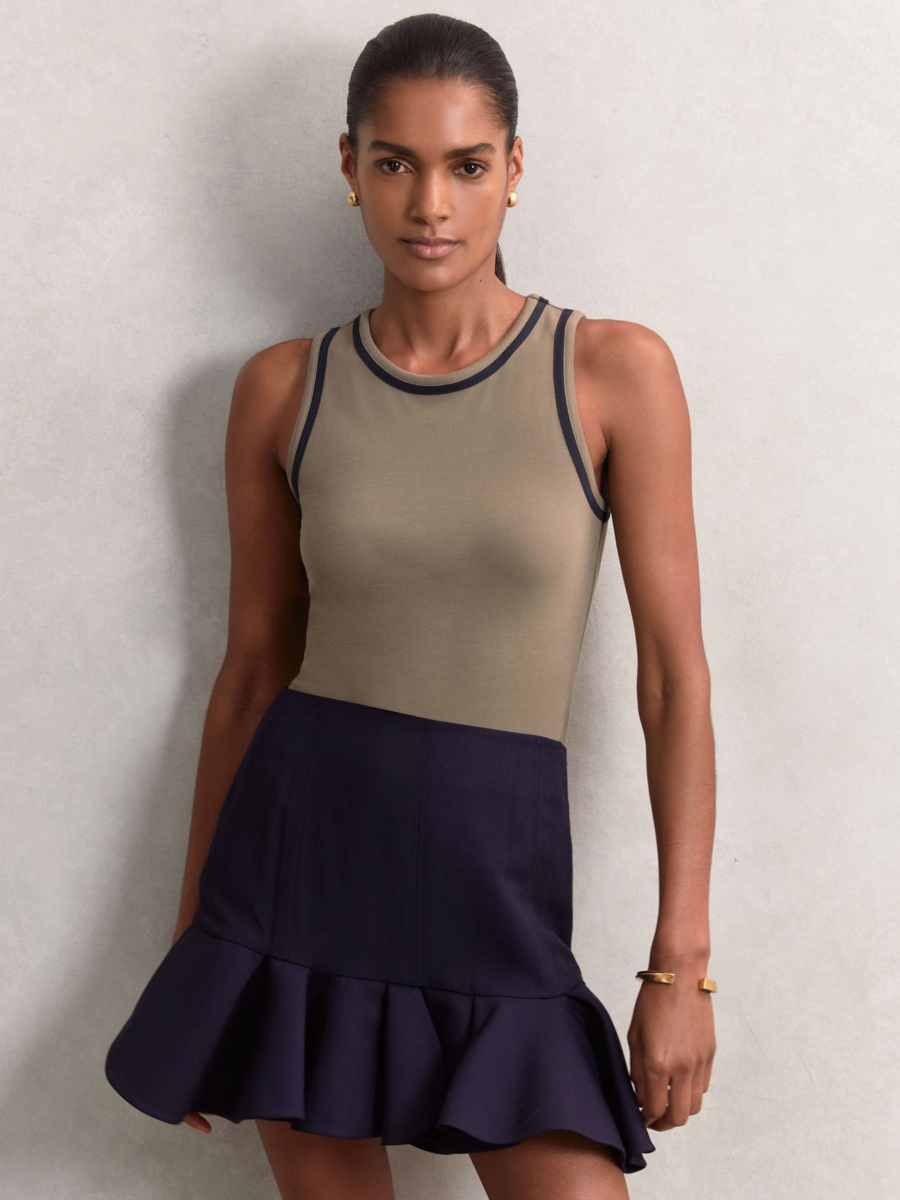 Stretch-Cotton Jersey Tipped Vest in Khaki Green/Navy (H65990) | SGD 59