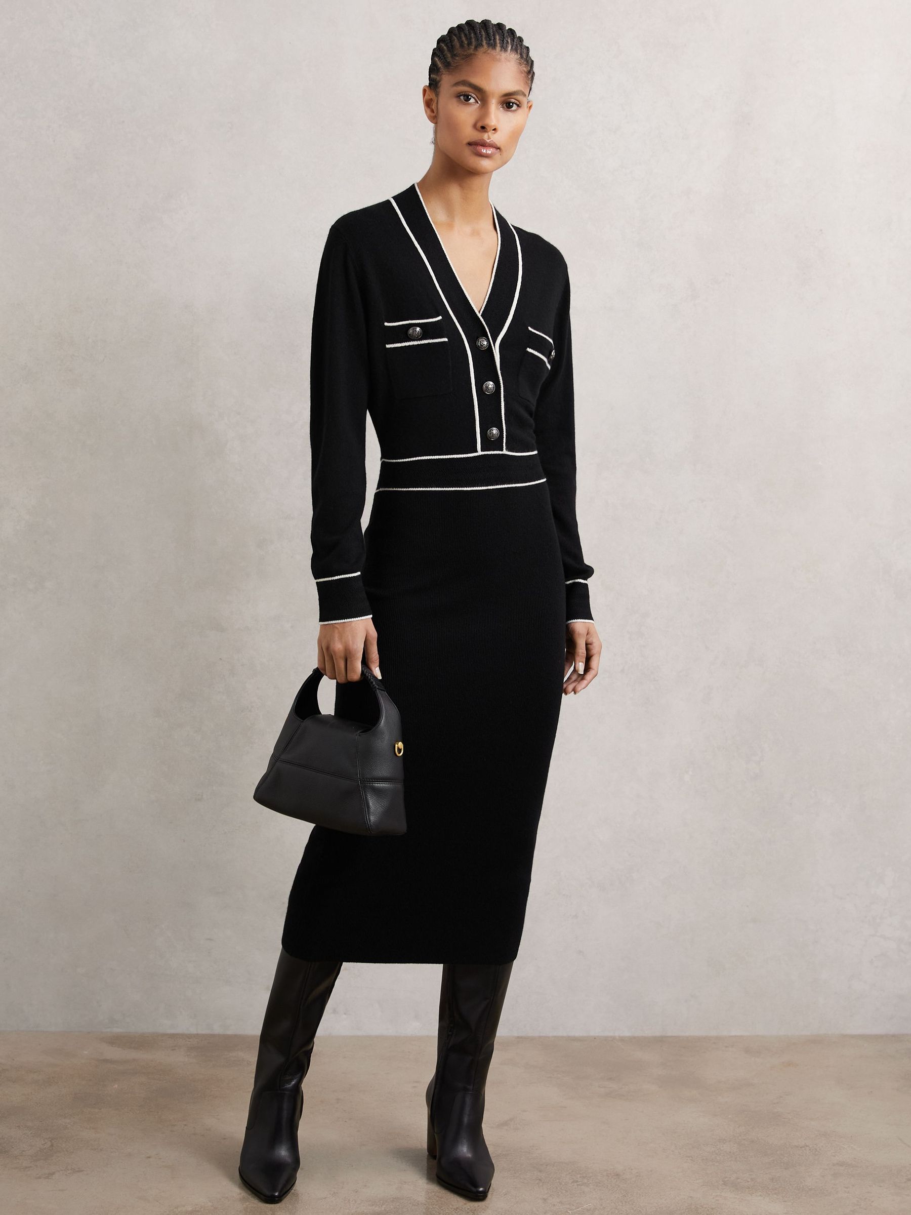 Wool-Blend Tipped Dress With Cashmere in Black/Ivory (H65995) | ₪1,140
