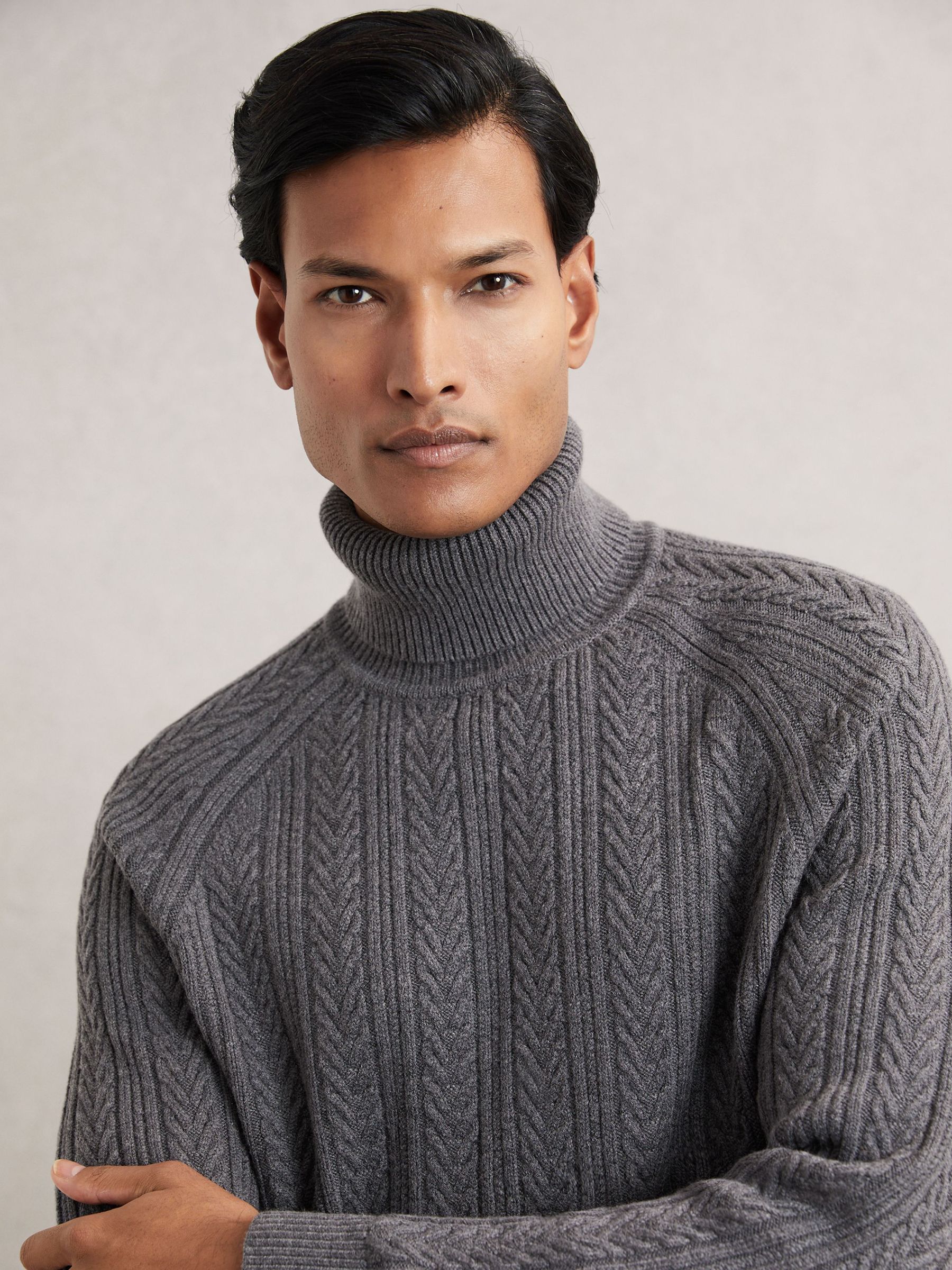 Cable-Knit Roll-Neck Jumper With Wool in Mid Grey Melange (H65996) | KWD65