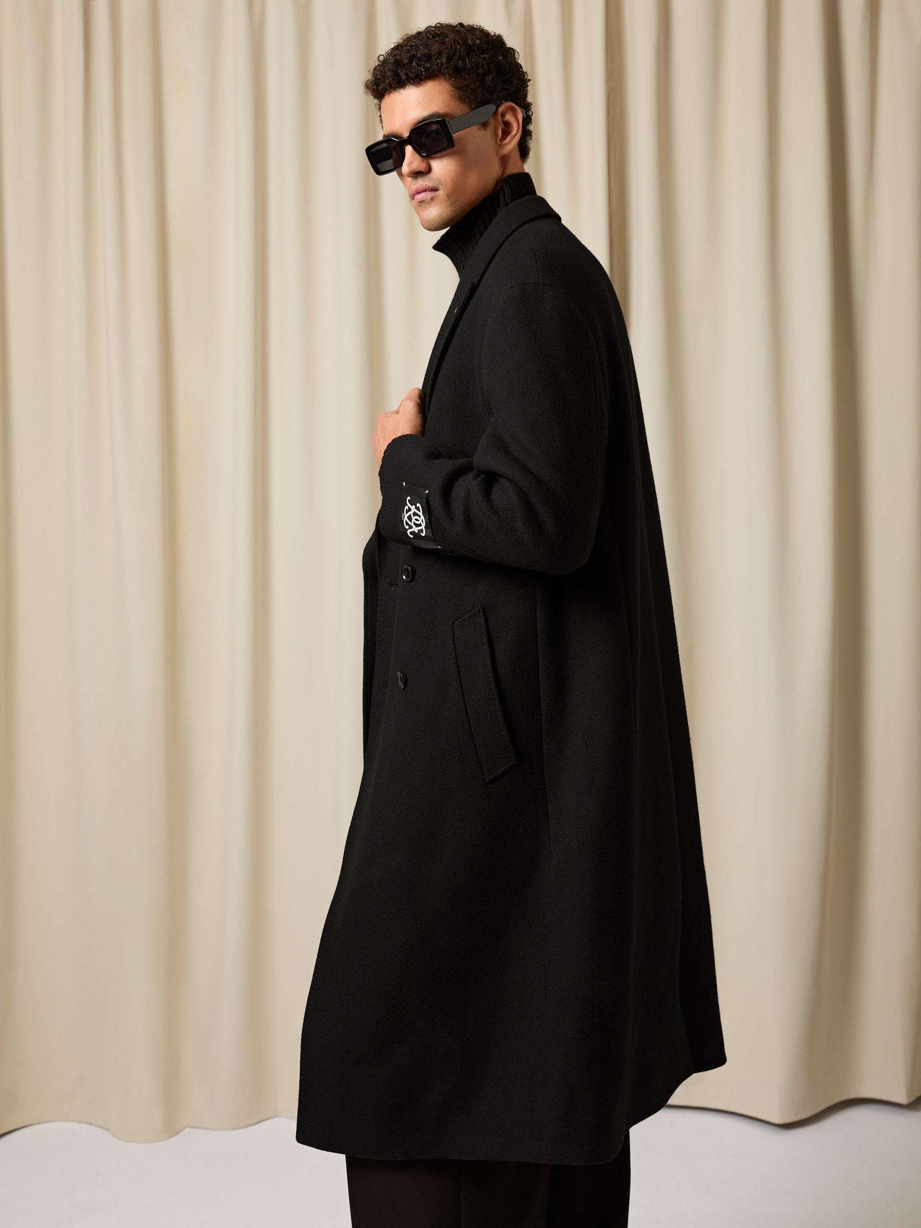 Monogram Double-Breasted Relaxed Coat Wool-Blend in Black (H66003) | $765