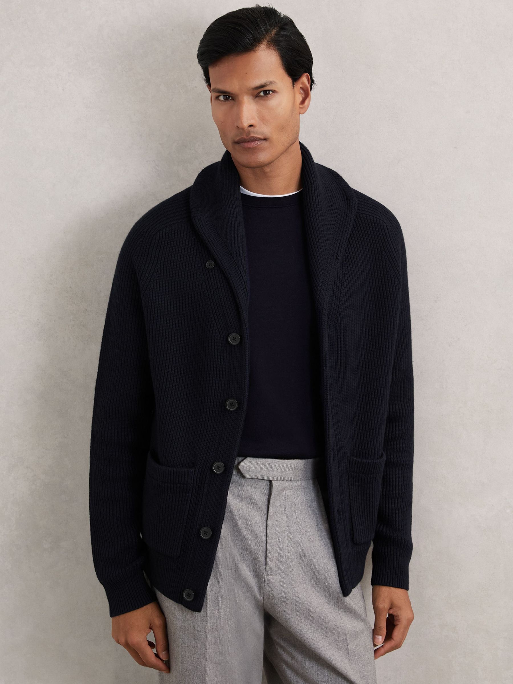 Shawl-Collar Cardigan With Wool in Navy (H66008) | $250
