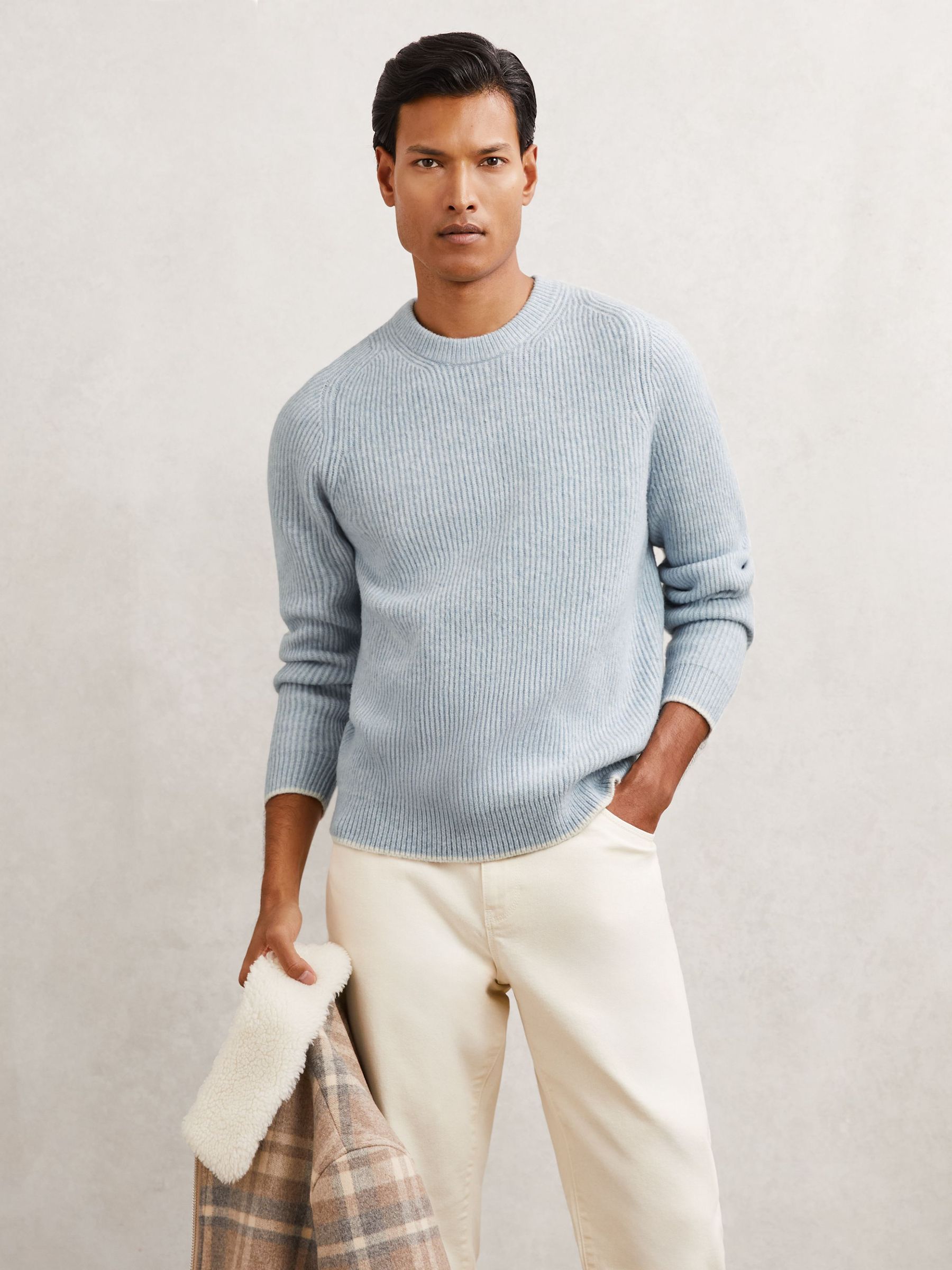 Brushed Rib-Knit Crew-Neck Jumper with Wool in Soft Blue (H66018) | CHF 165