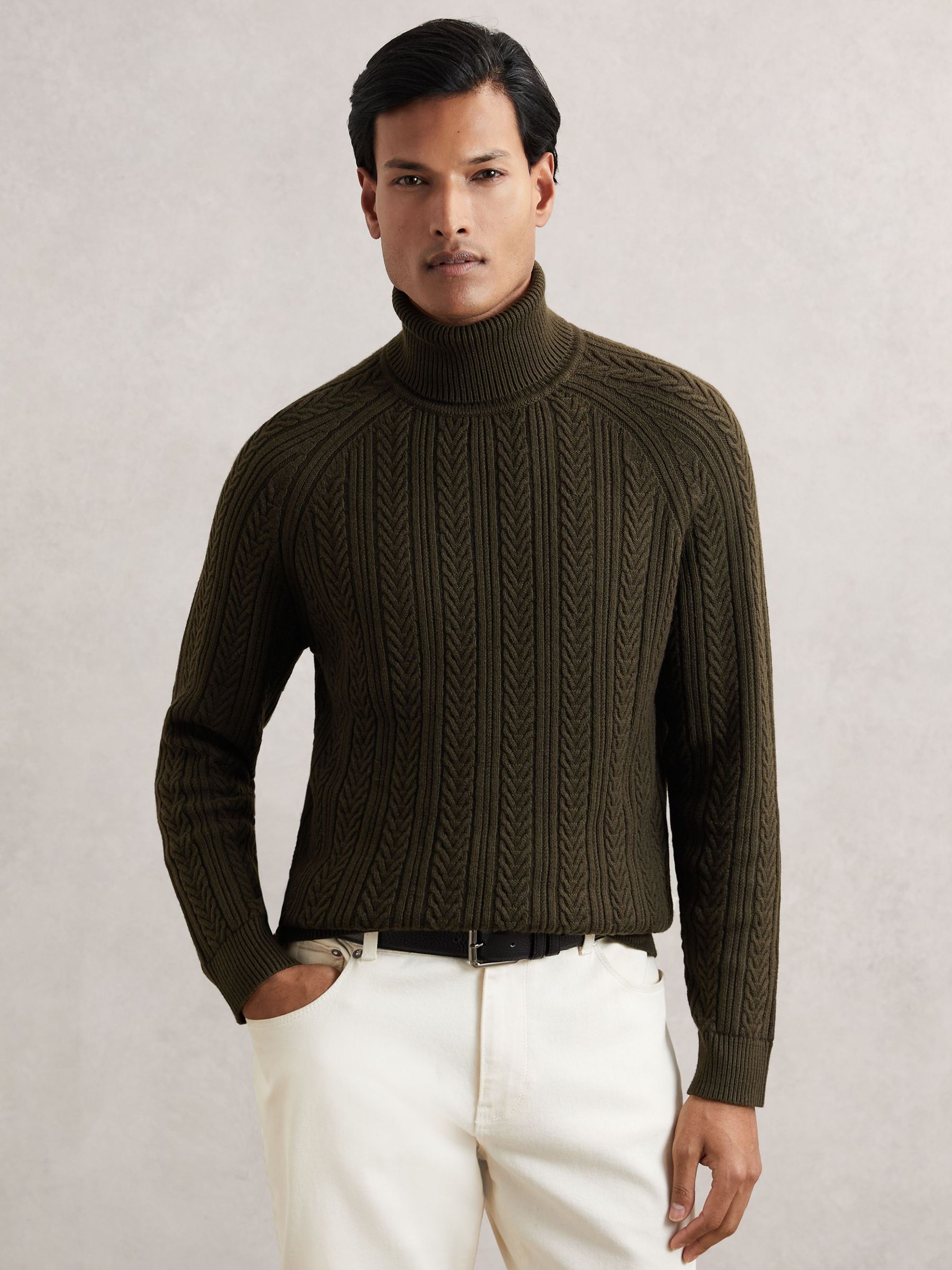 Cable-Knit Roll-Neck Jumper With Wool in Dark Olive Green (H66021) | KWD65
