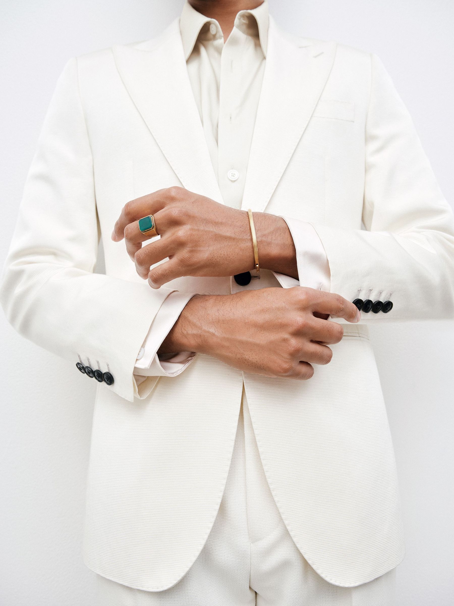 Textured Single-Breasted Blazer Tailored-Fit Cotton-Blend in Ivory (H66130) | $850