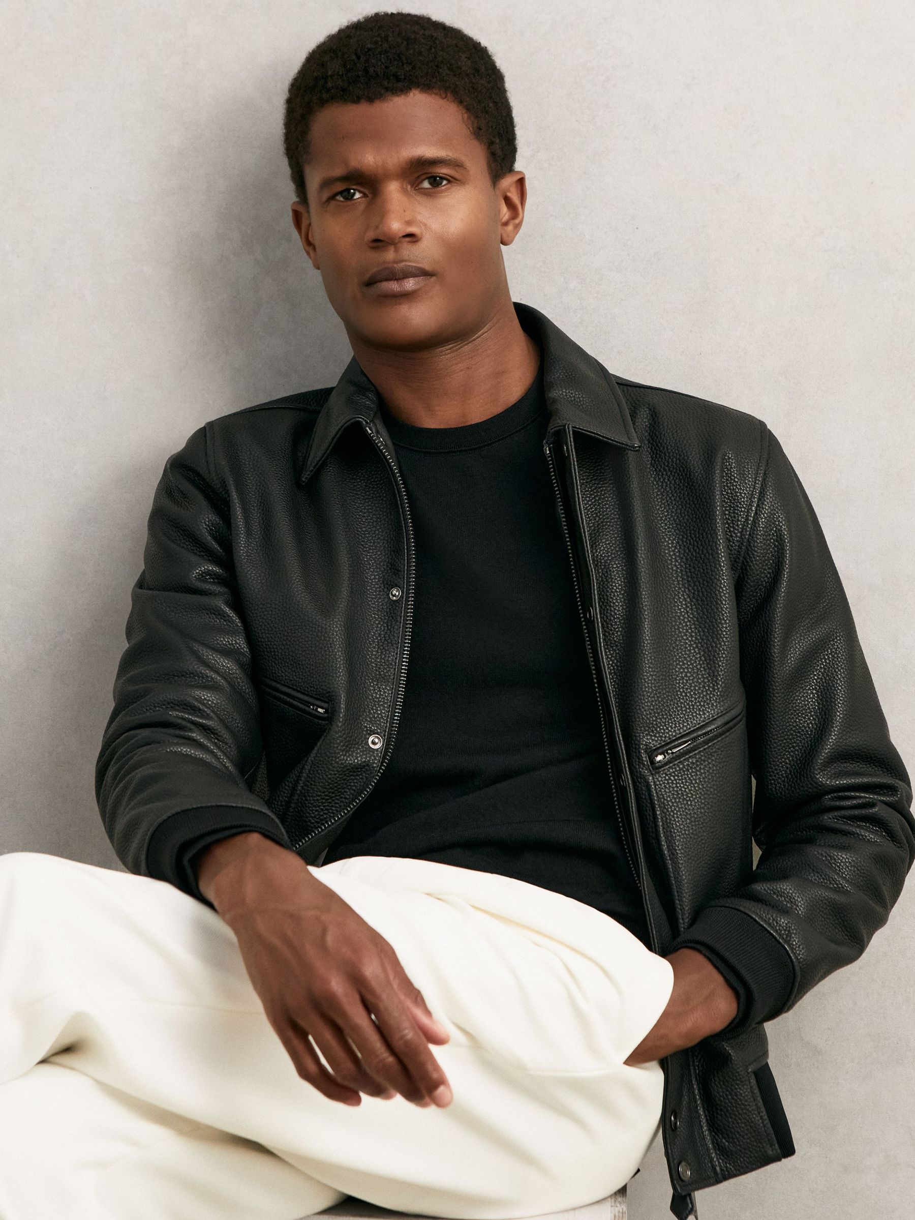Grained Leather Zip Through Jacket in Black (H67859) | US$785