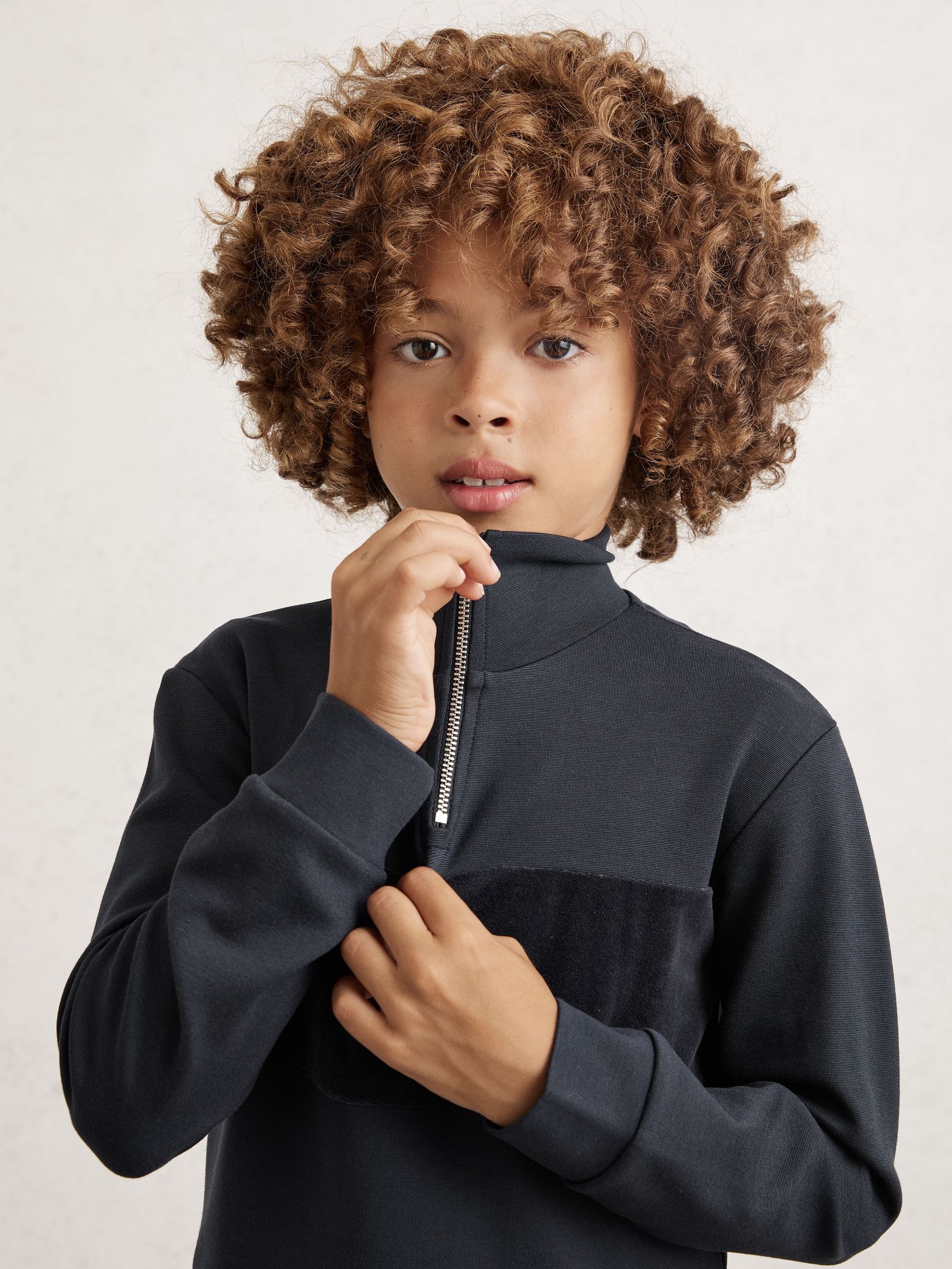 9-13 yrs Slim Fit Half-Zip Funnel Neck Velour Sweatshirt in Navy Blue (H68135) | €55