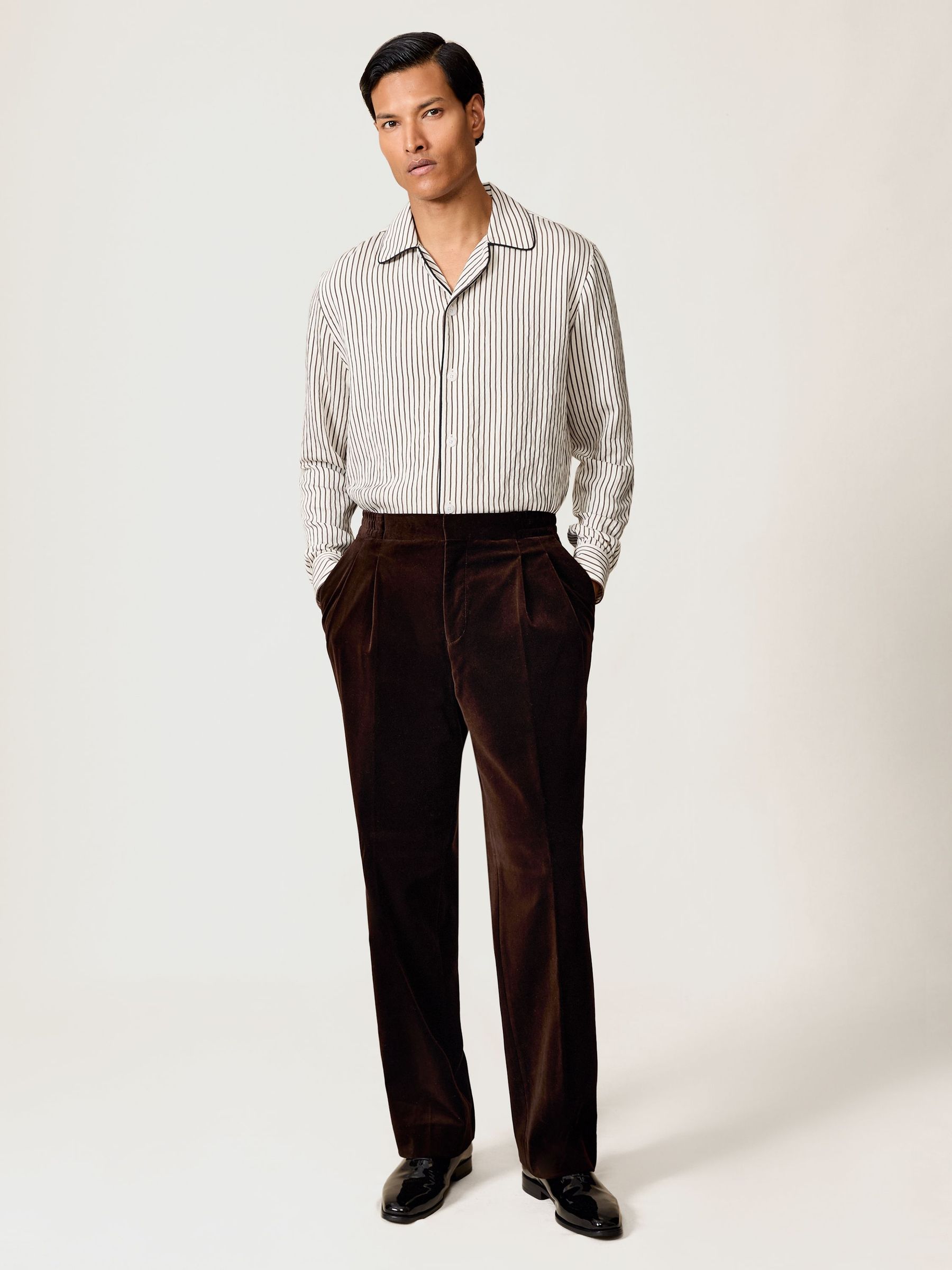 Stripe Cuban-Collar Piped Shirt in White/Brown (H68148) | €155