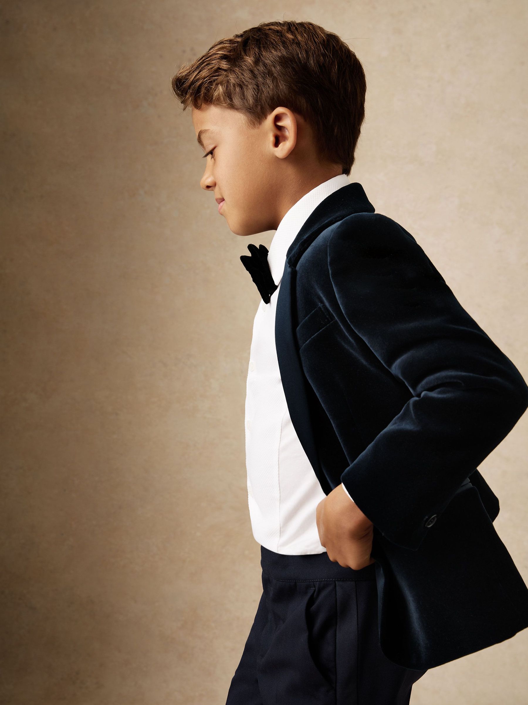 Single-Breasted Velvet Tuxedo Blazer in Navy (H68155) | $185