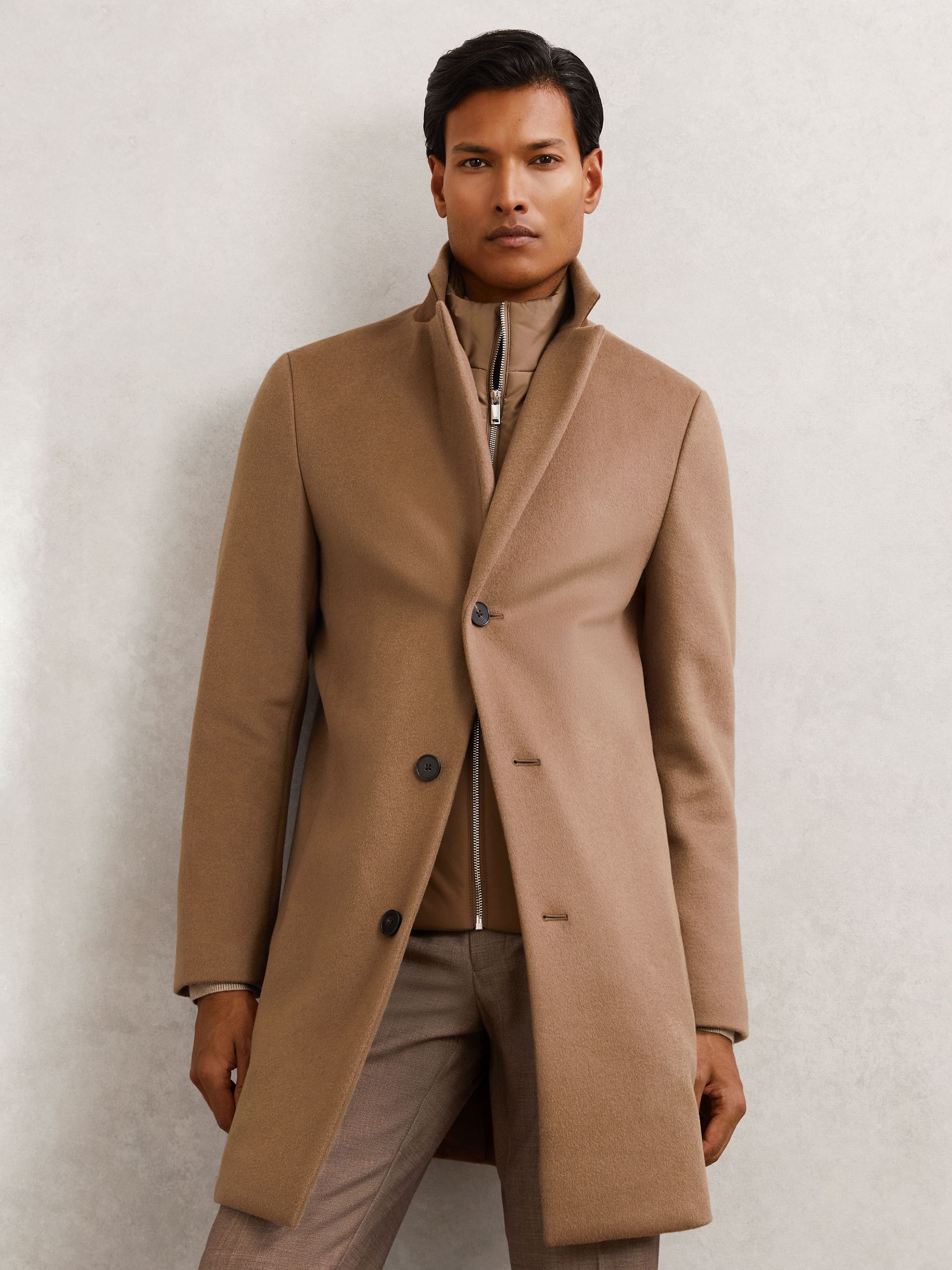 Wool-Blend Internal-Gilet Overcoat in Light Brown (H68166) | $595