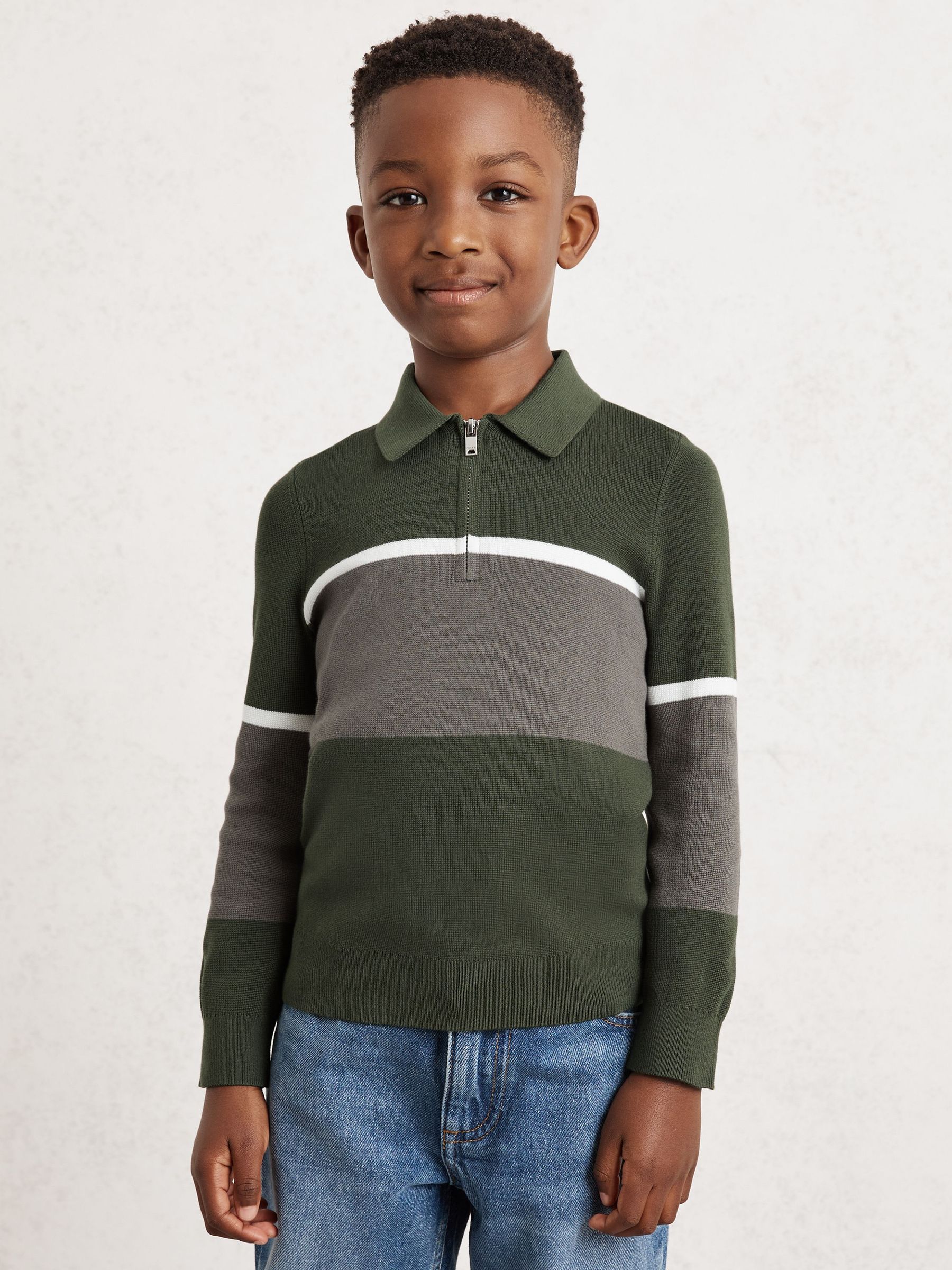 9-13 yrs Cotton-Blend Colour-Block Polo Shirt in Green/Grey (H68175) | $75