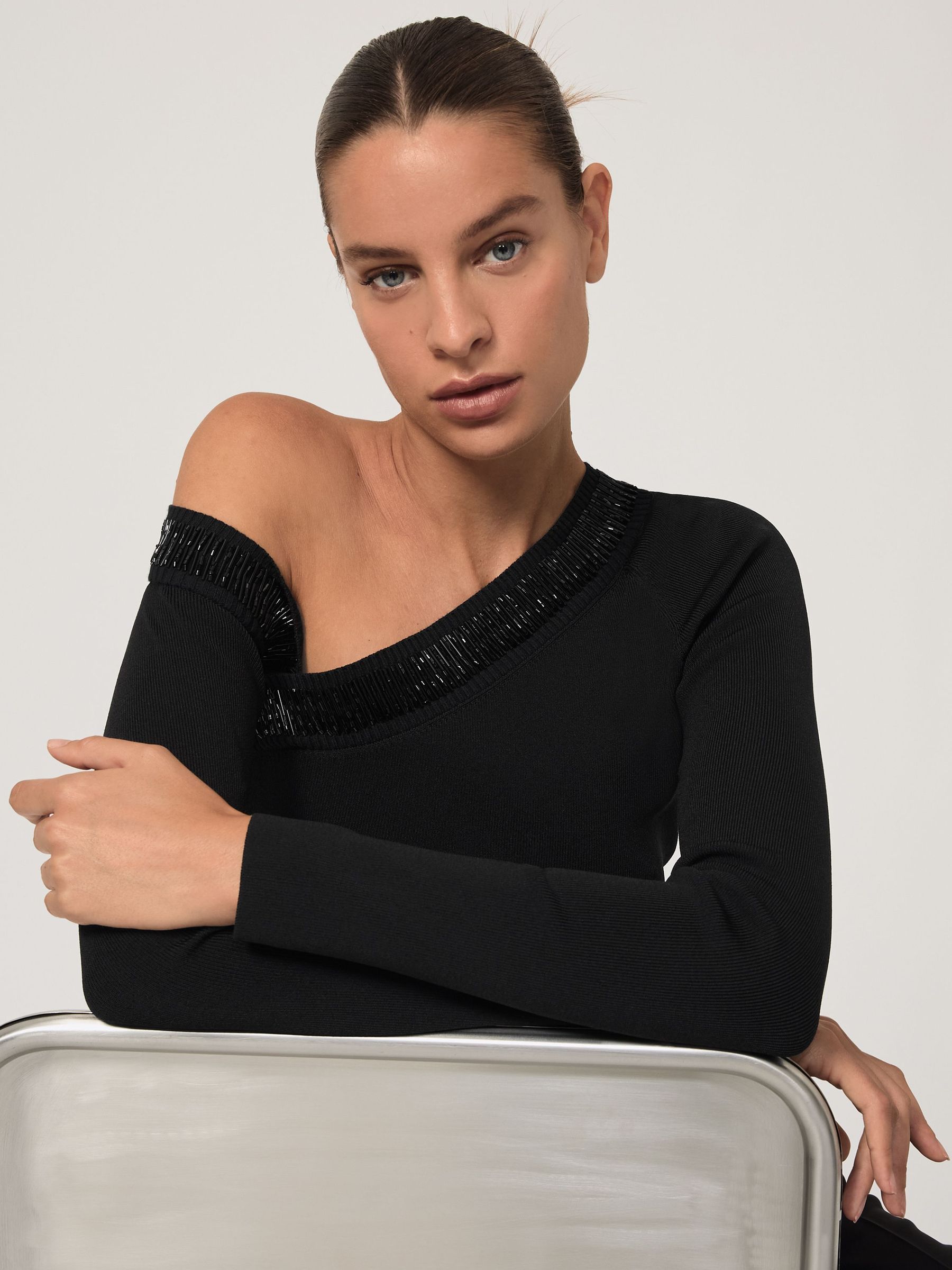 Bead-Detail Off-Shoulder Knit Top in Black (H68273) | ₪850
