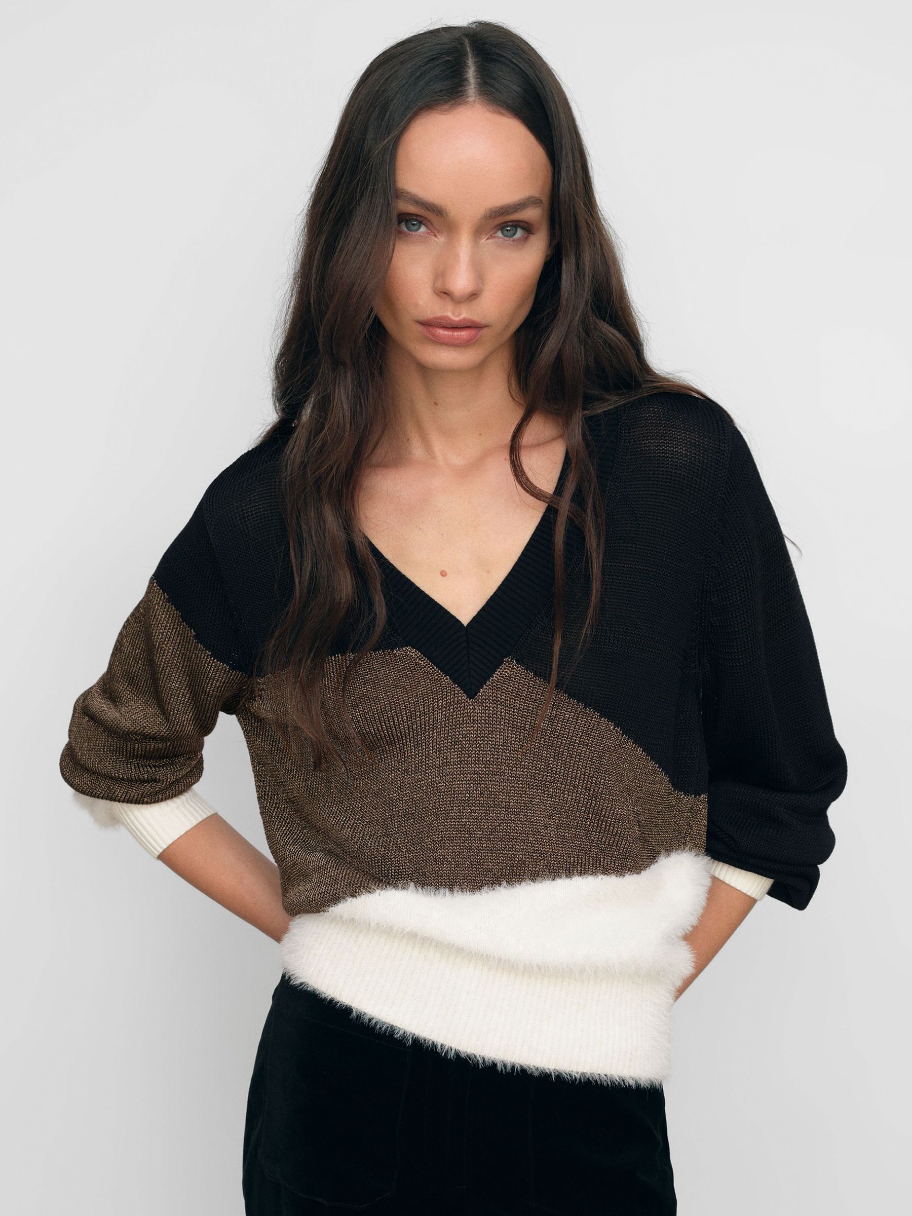 Metallic-Knit Panelled V-Neck Jumper in Black/White/Metallic (H68277) | $275
