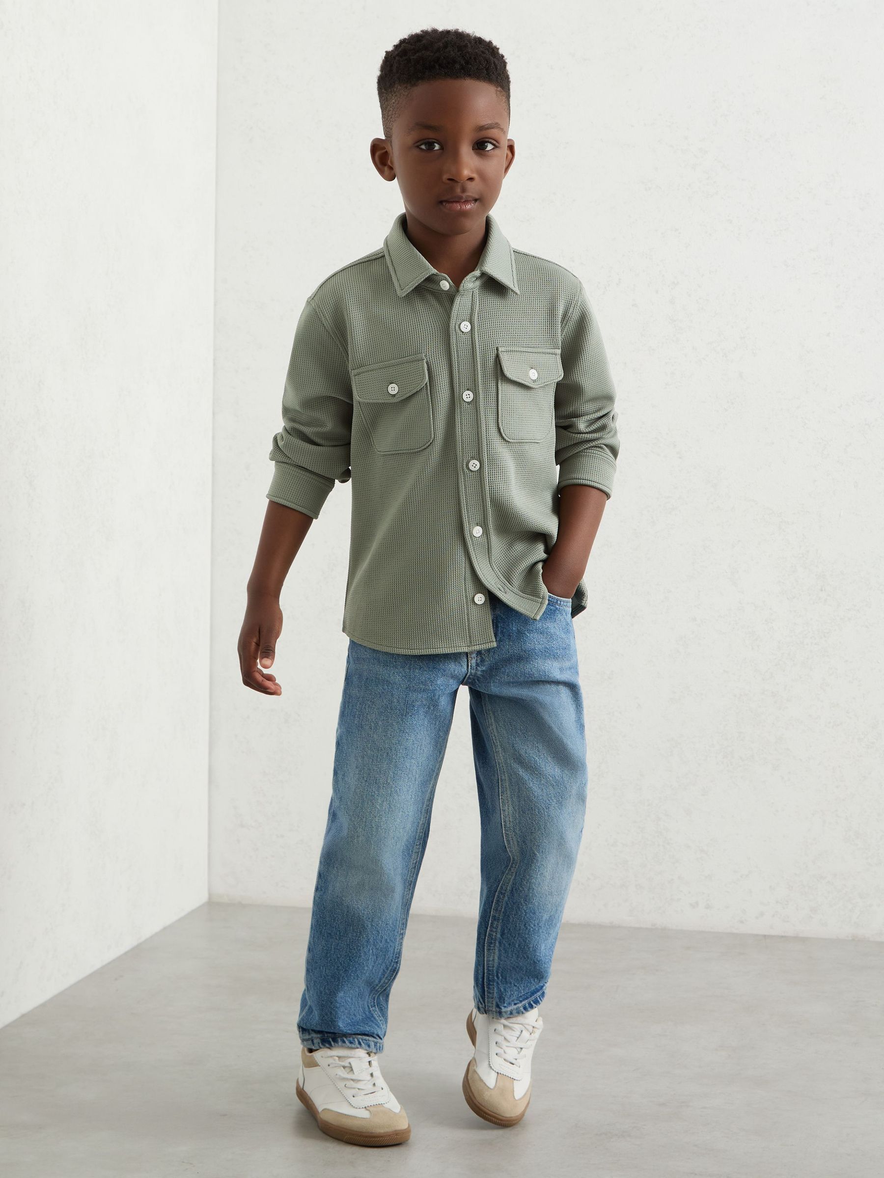 9-13 yrs Waffle-Textured Twin-Pocket Overshirt in Sage (H68304) | CA$80