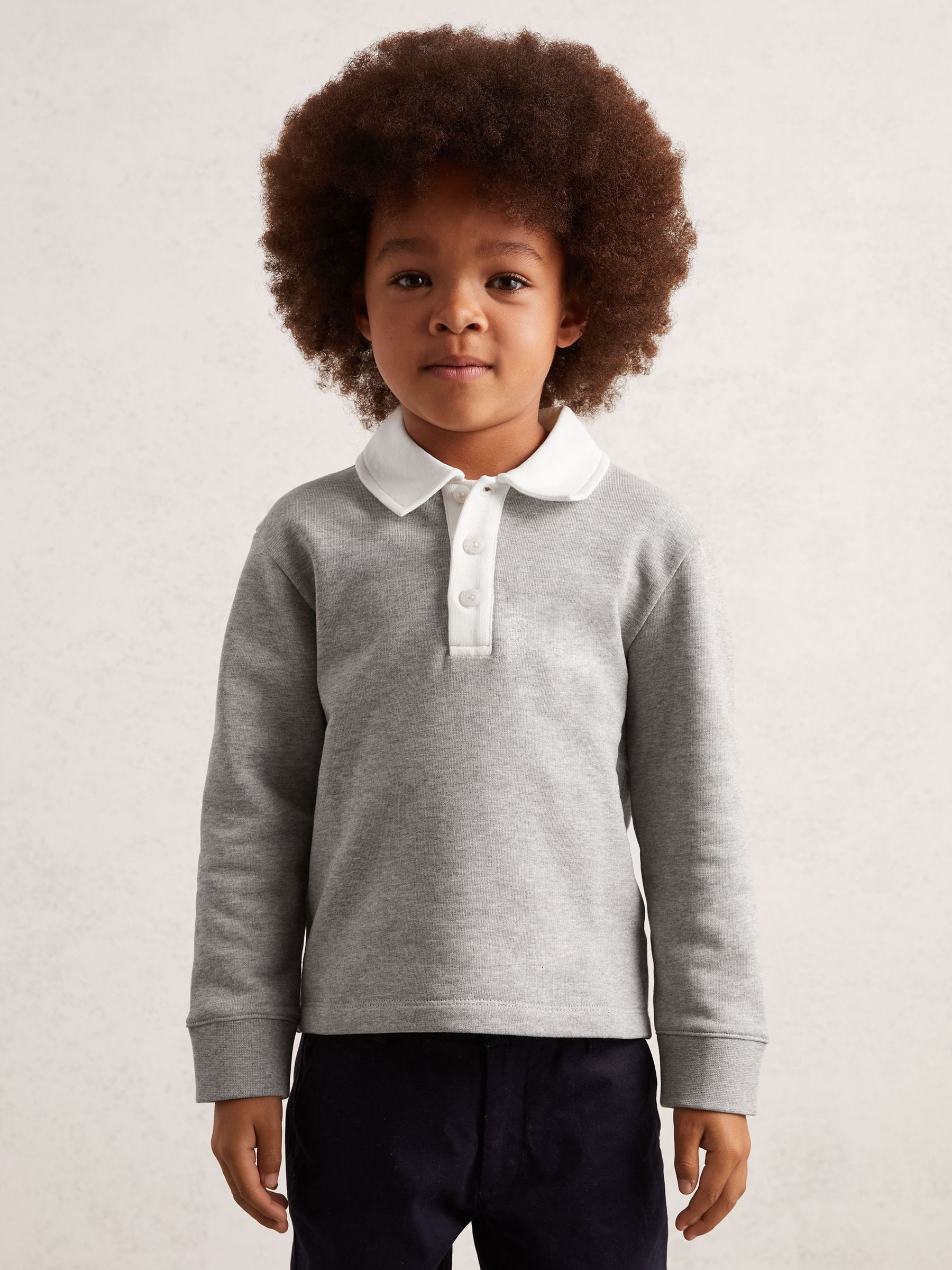 9-13 yrs Cotton Half-Button Rugby Polo Shirt in Grey Marl/White (H68308) | 200 QAR