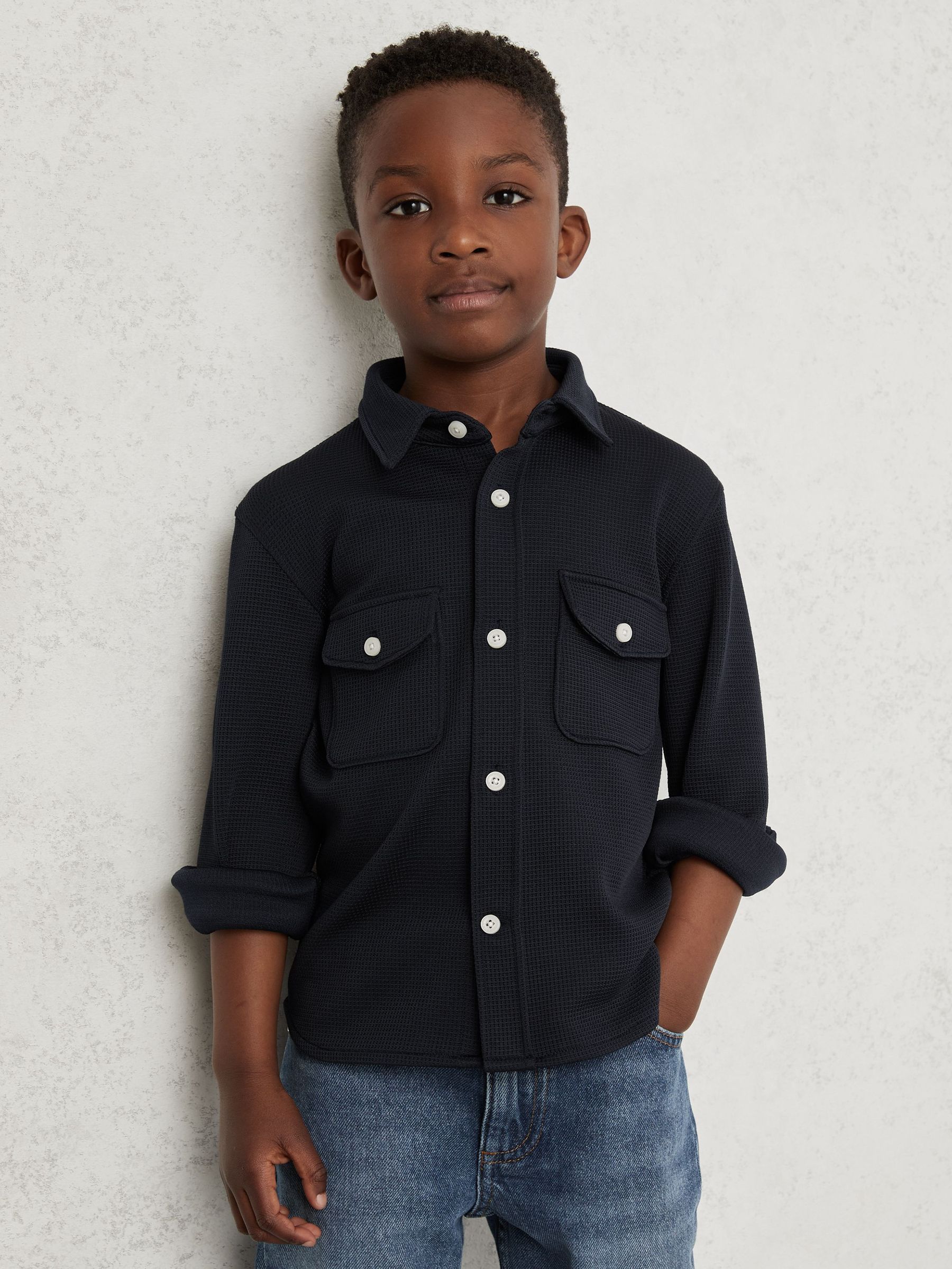 9-13 yrs Waffle-Textured Twin-Pocket Overshirt in Navy (H68309) | CA$80