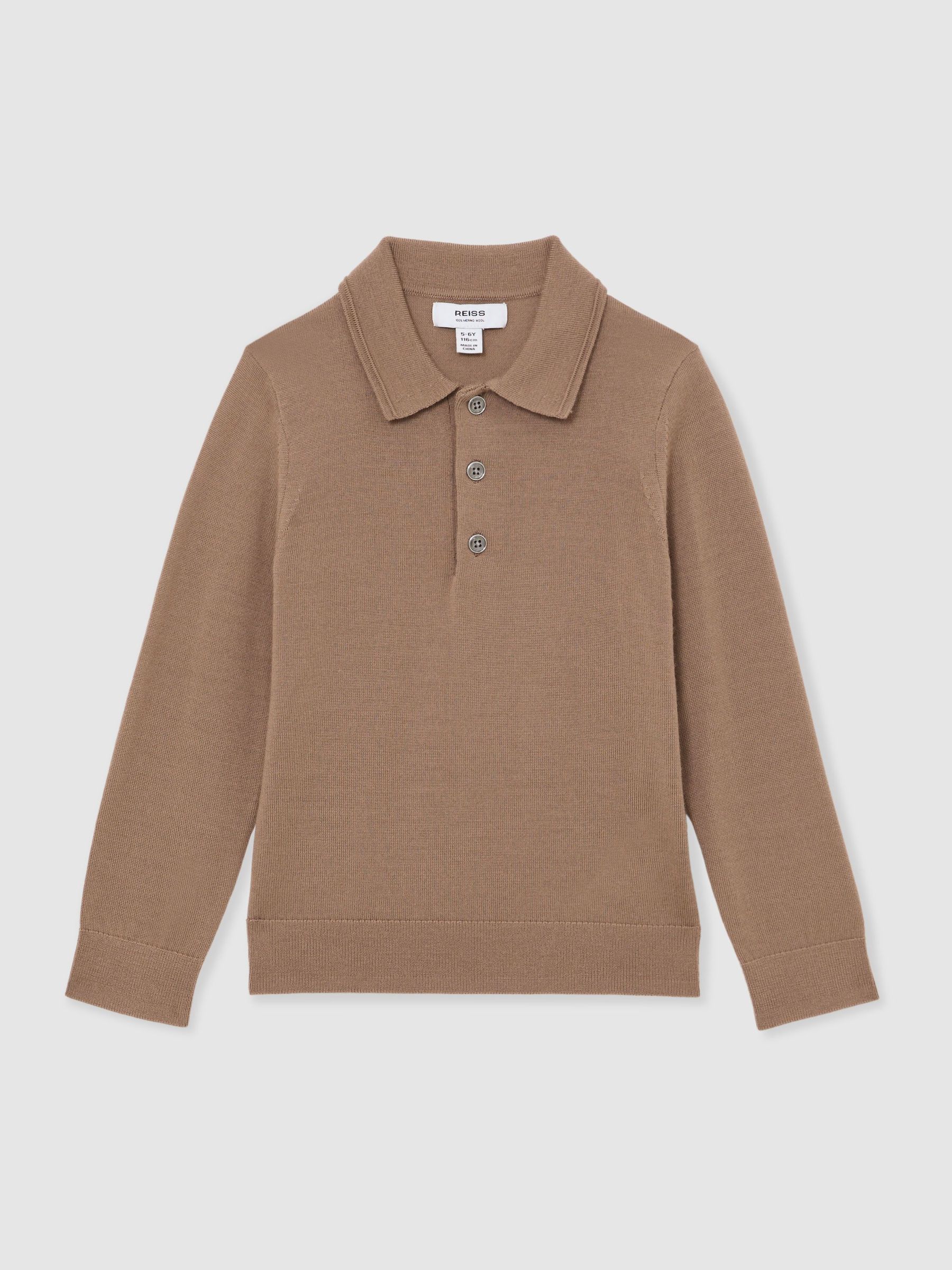 Merino Wool Long-Sleeve Polo Shirt in Camel Brown (H68310) | $75