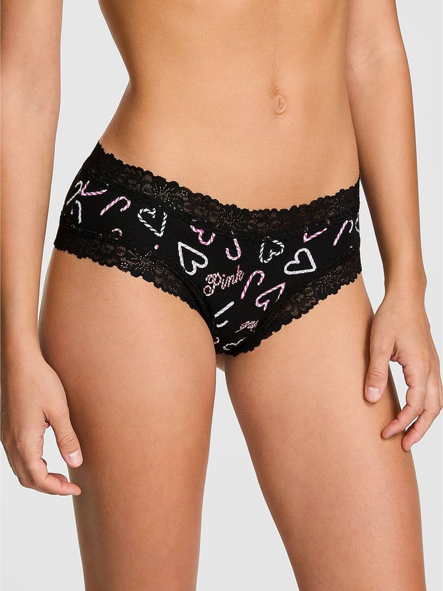 Black Candy Cane Print Cheeky Lace Trim Rib Knickers (H68620) | €13