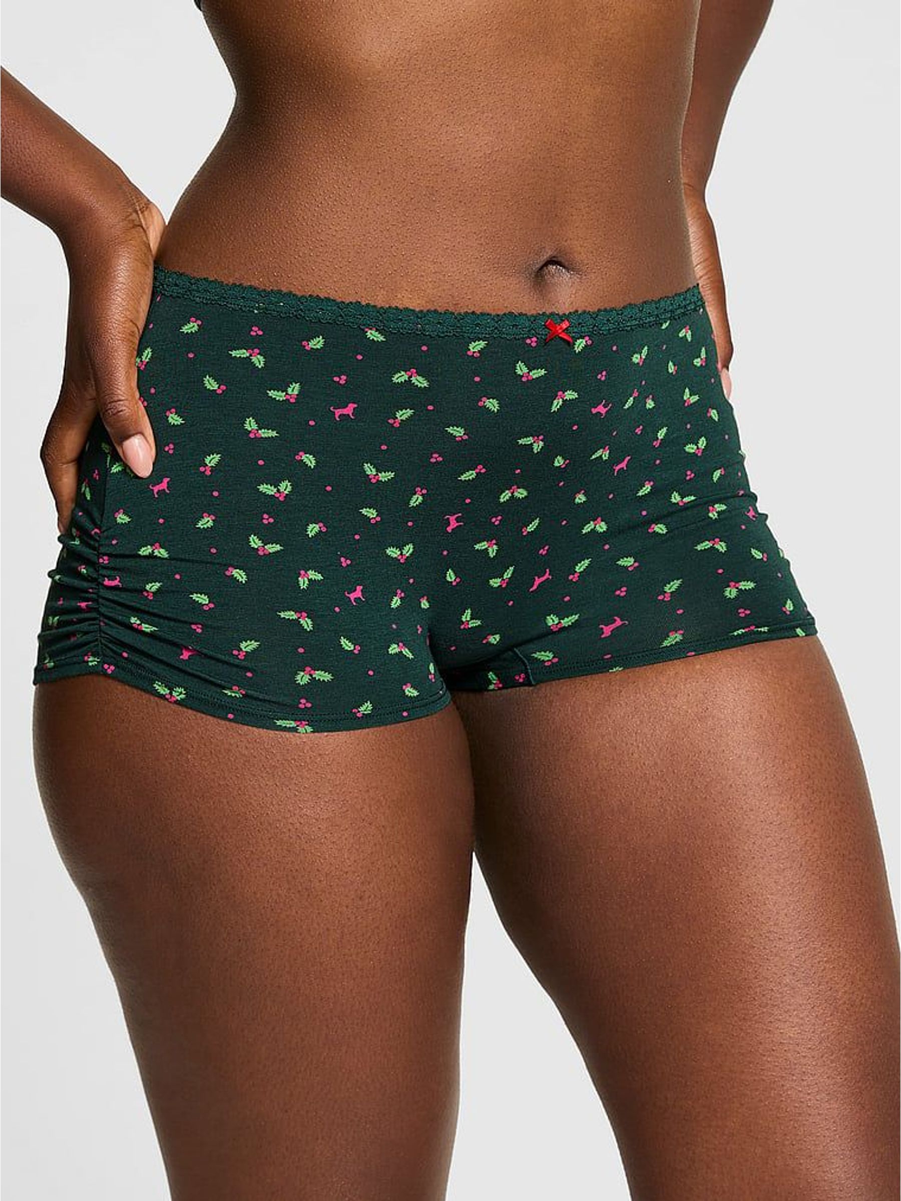 Deep Forest Green Holly Print Cotton Boyshort Knickers (H68641) | €13