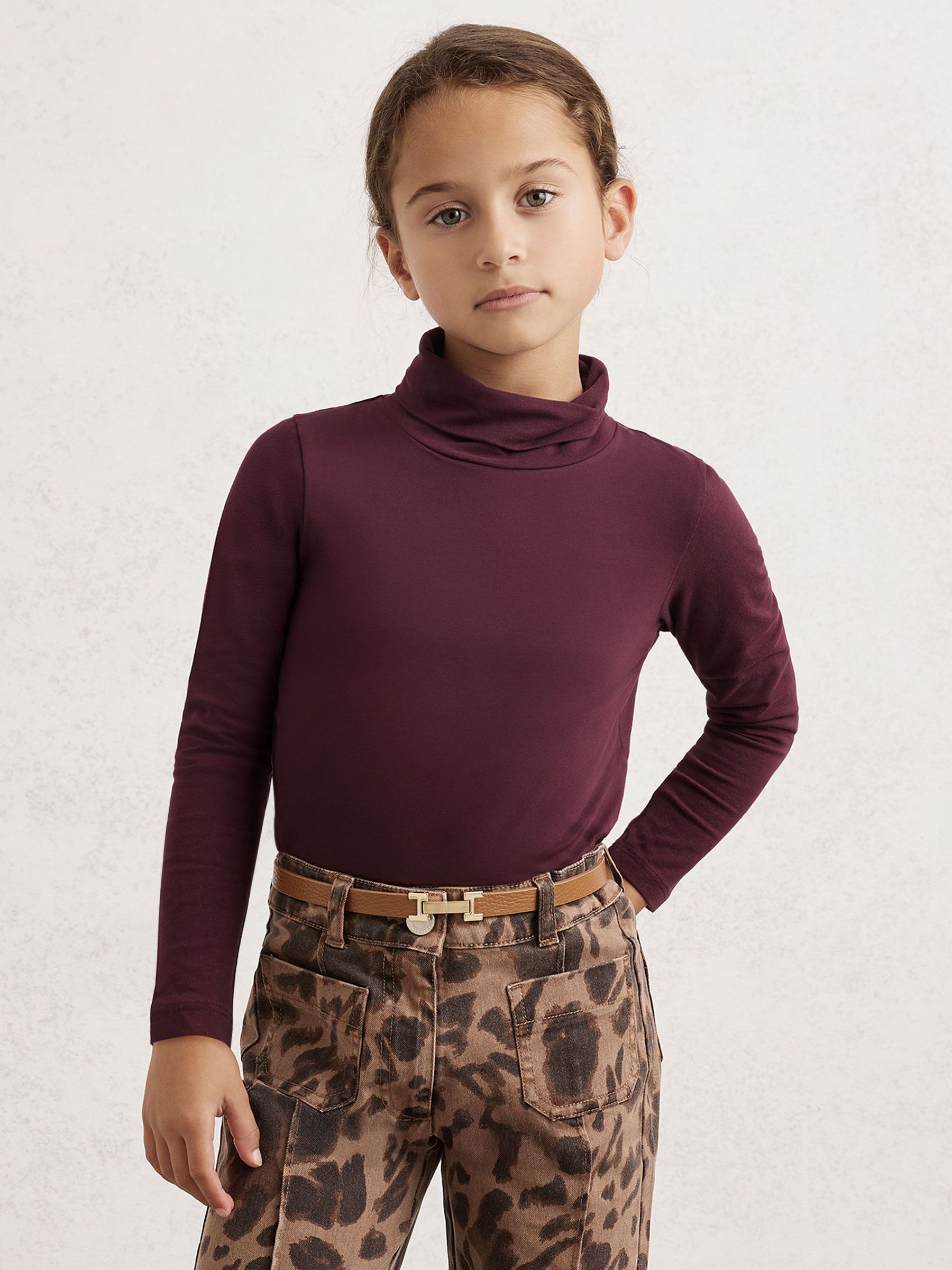 Cotton-Jersey Roll-Neck Top with Stretch in Burgundy (H70486) | €22