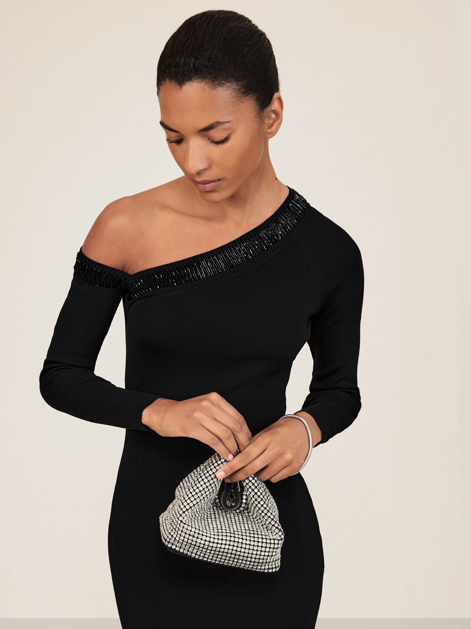 Bead-Detail Off-Shoulder Knit Dress in Black (H70996) | 1,080 QAR