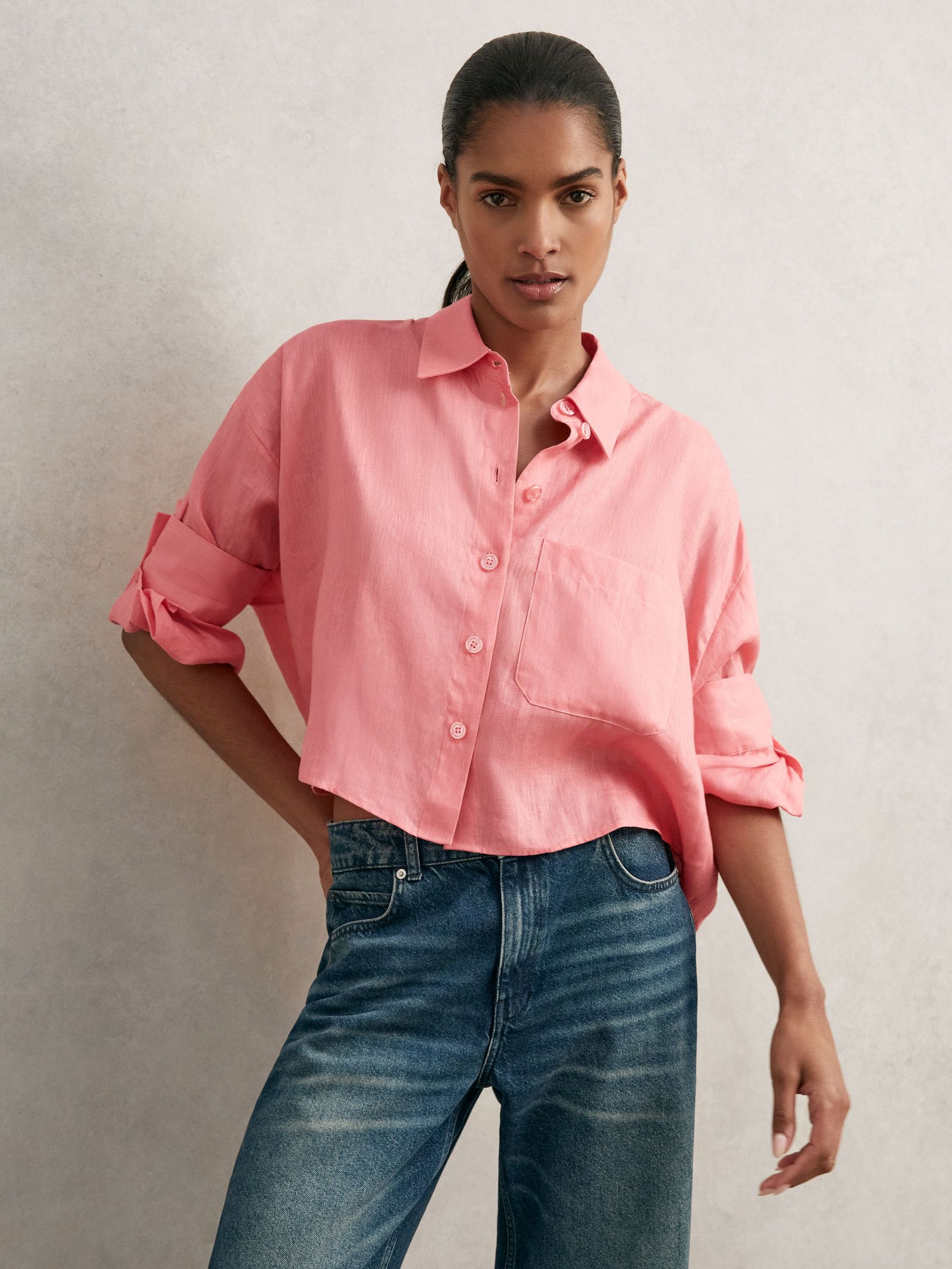 Oversize Linen Cropped Shirt in Pink (H70998) | $225