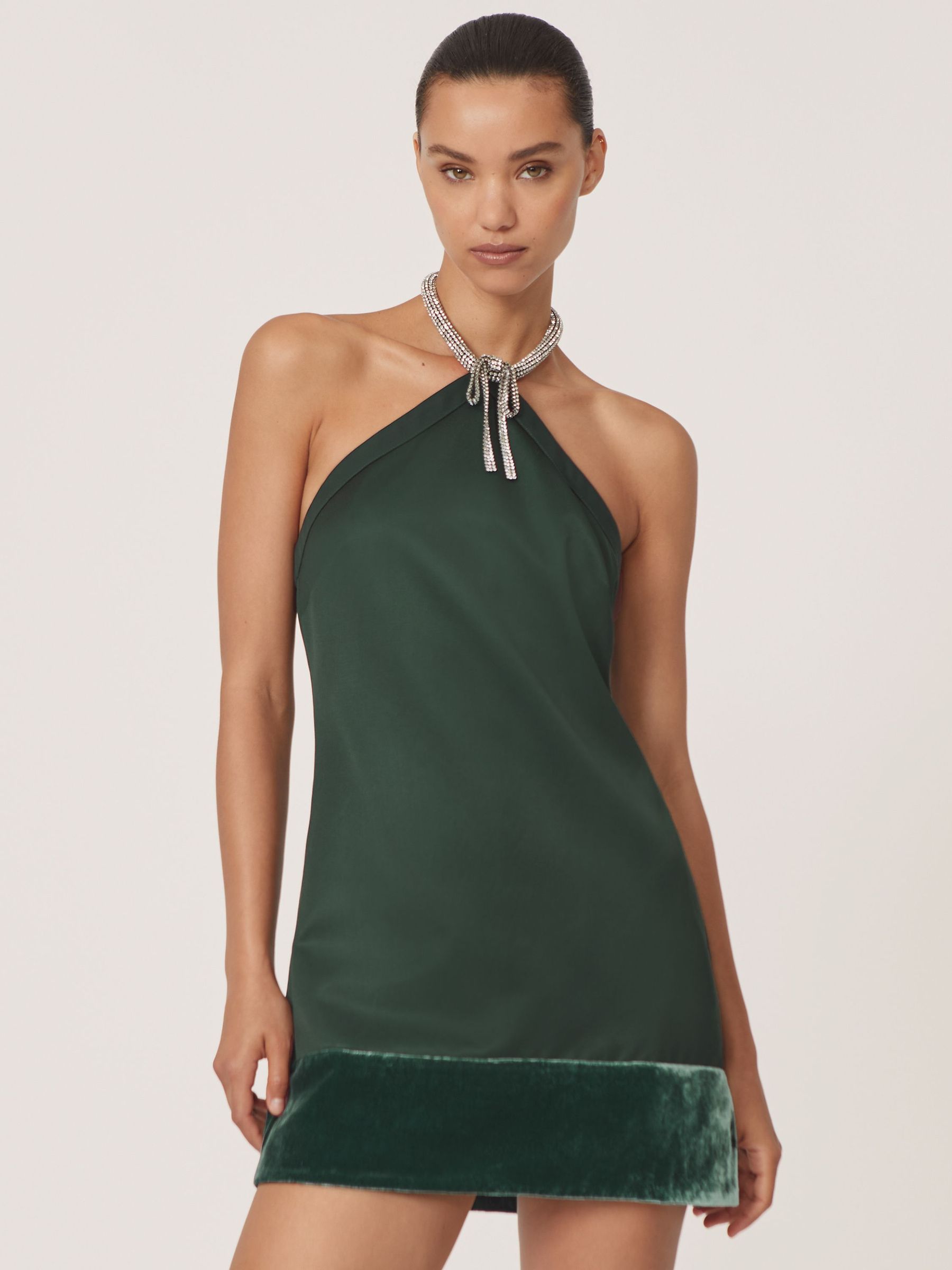Satin Crystal-Necklace Mini Dress in Green (H71009) | $410
