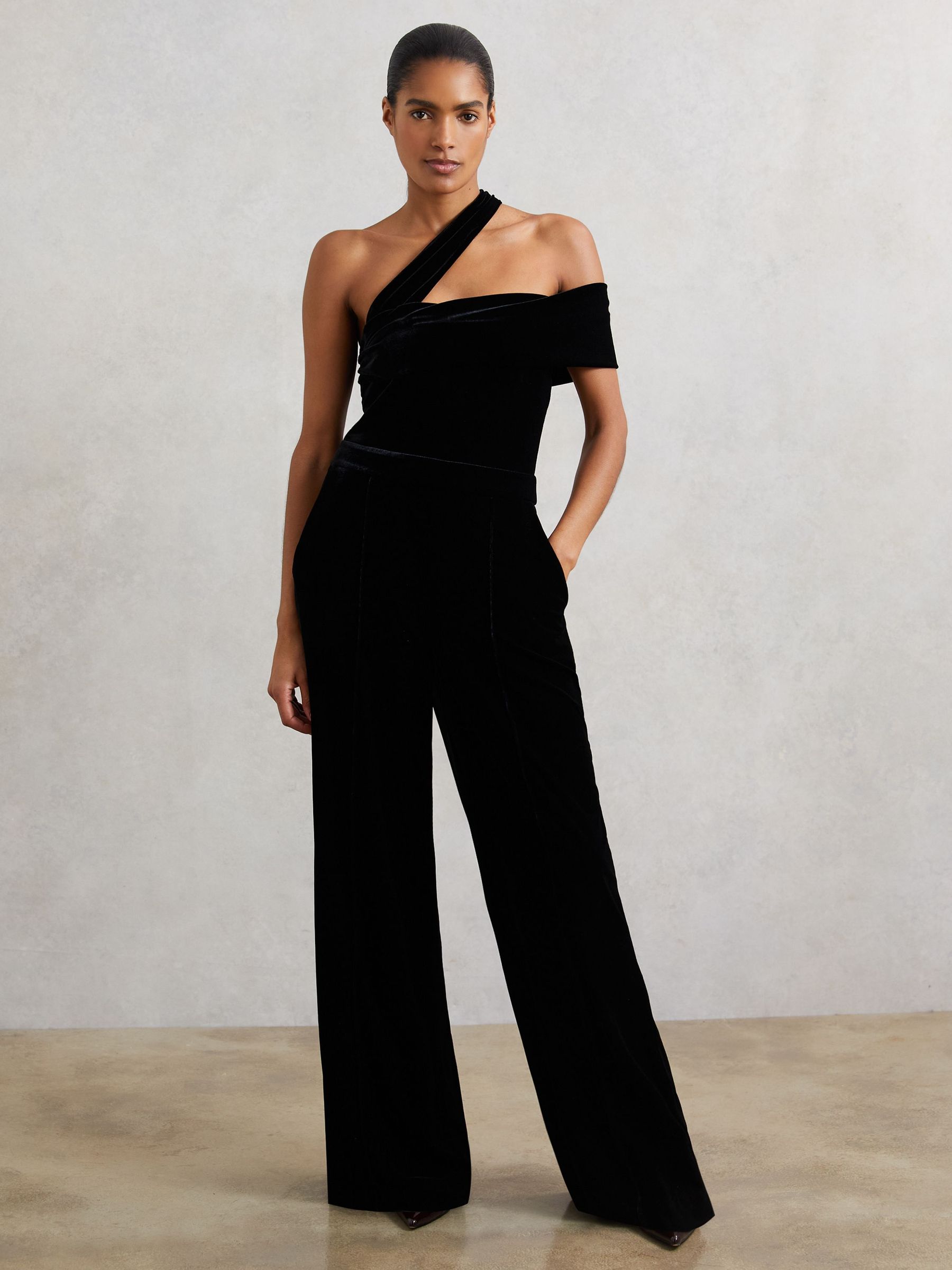 Velvet One-Shoulder Wide-Leg Jumpsuit in Black (H71011) | 1,080 SAR