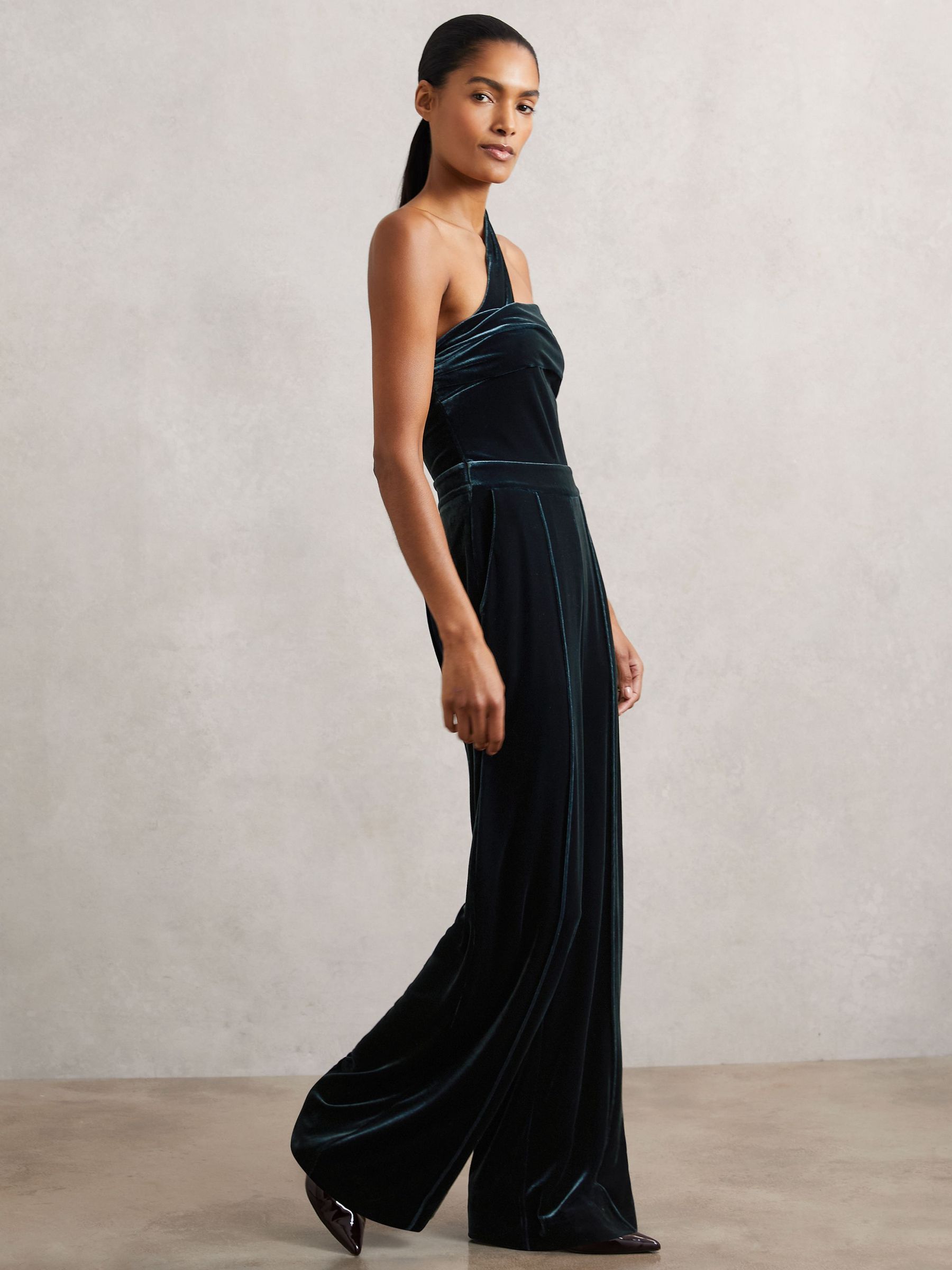 Velvet One-Shoulder Wide-Leg Jumpsuit in Teal Green (H71014) | 1,080 SAR