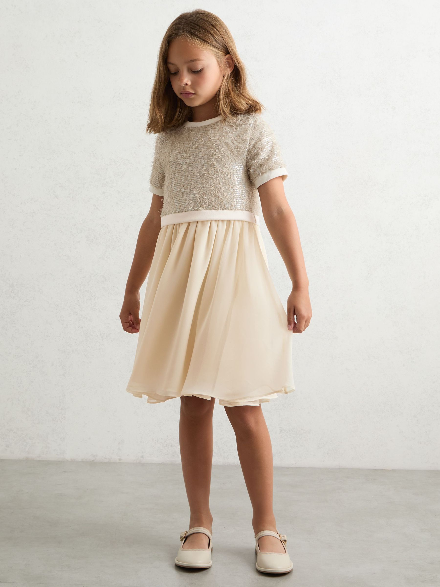9-13 yrs Sequin-Top Chiffon-Skirt Dress in Champagne (H71022) | $140