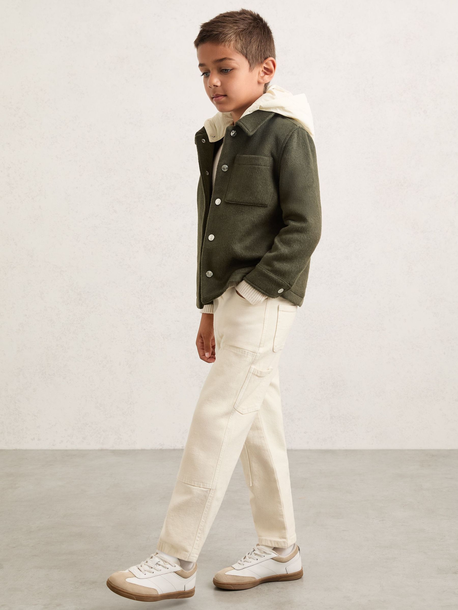 9-13 yrs Wool-Blend Detachable-Hood Overshirt in Dark Sage Green (H71024) | $110