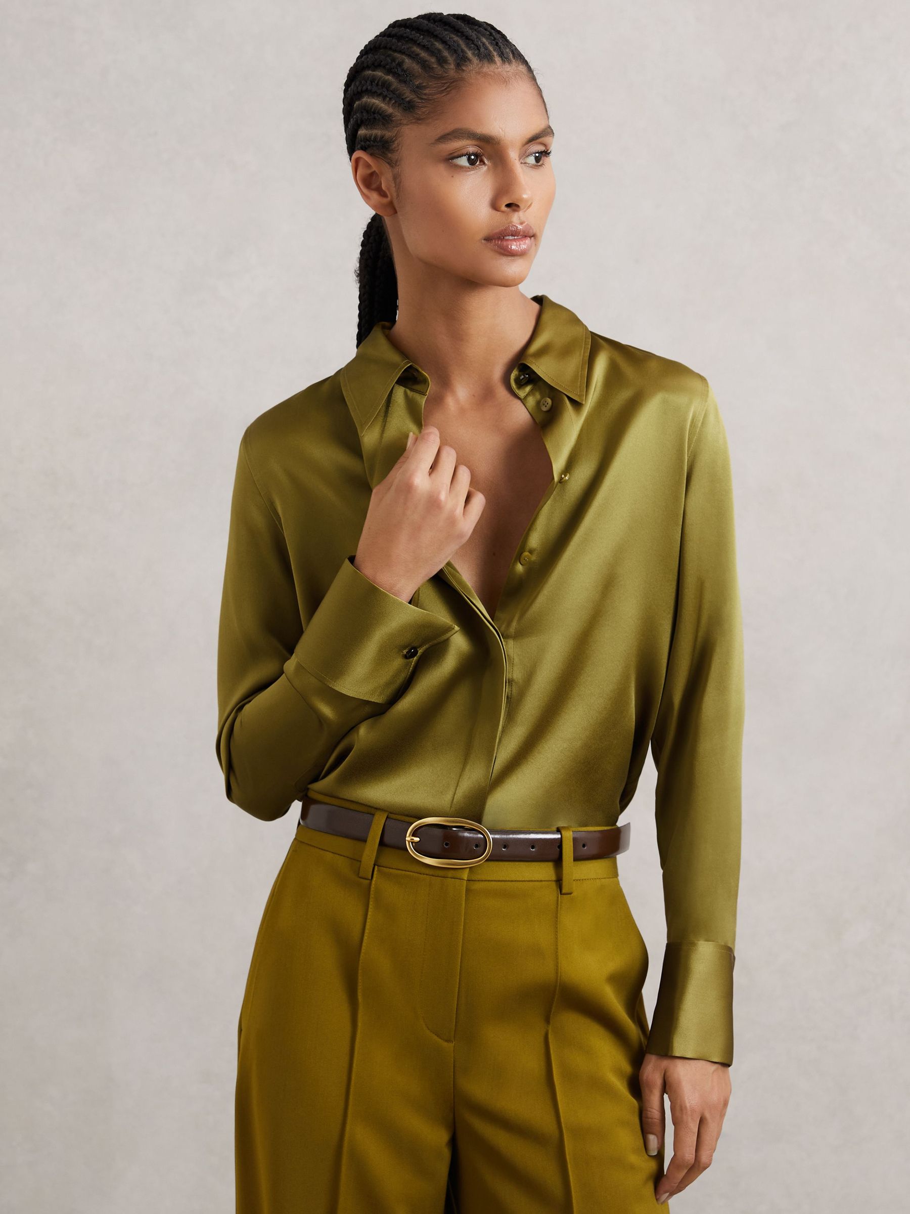Silk-Satin Concealed-Placket Shirt in Light Green (H71025) | 1,080 QAR