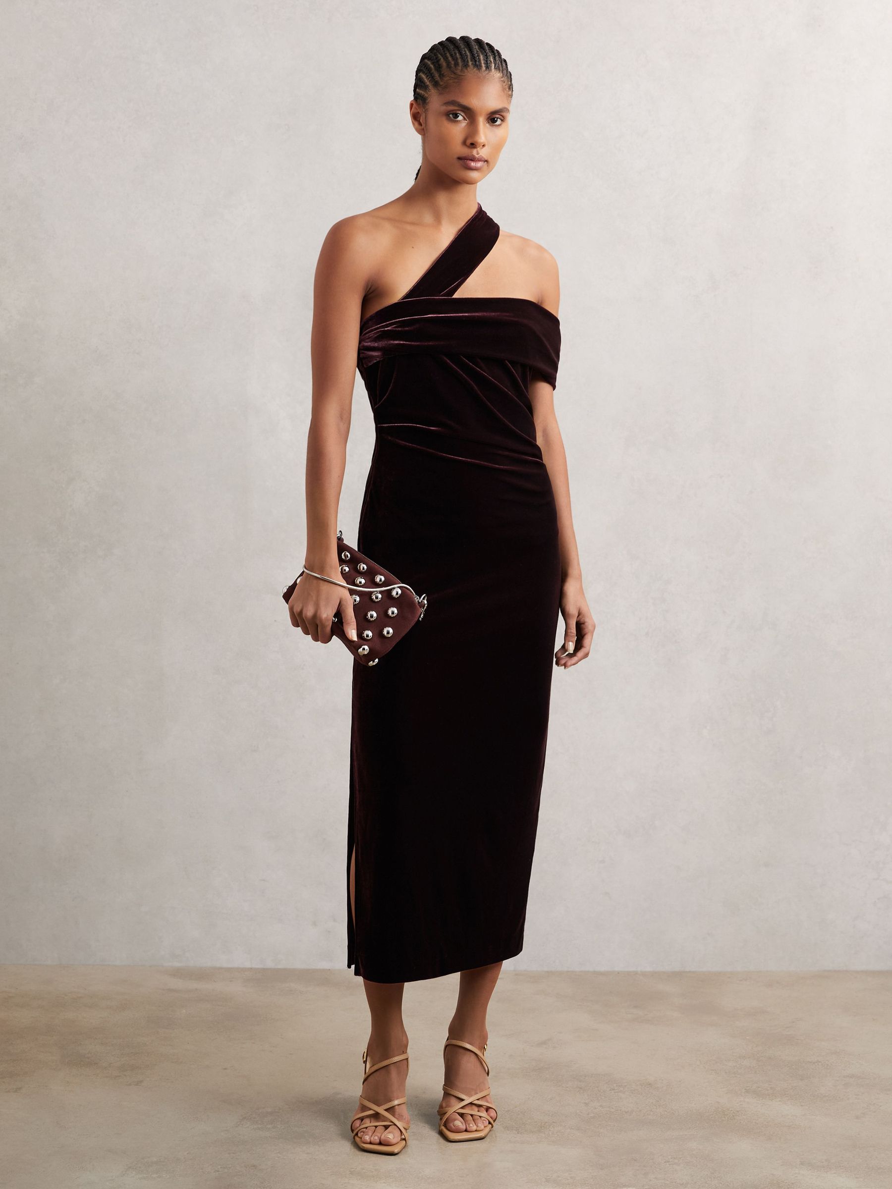 Velvet One-Shoulder Midi Dress in Burgundy (H71045) | 810 QAR