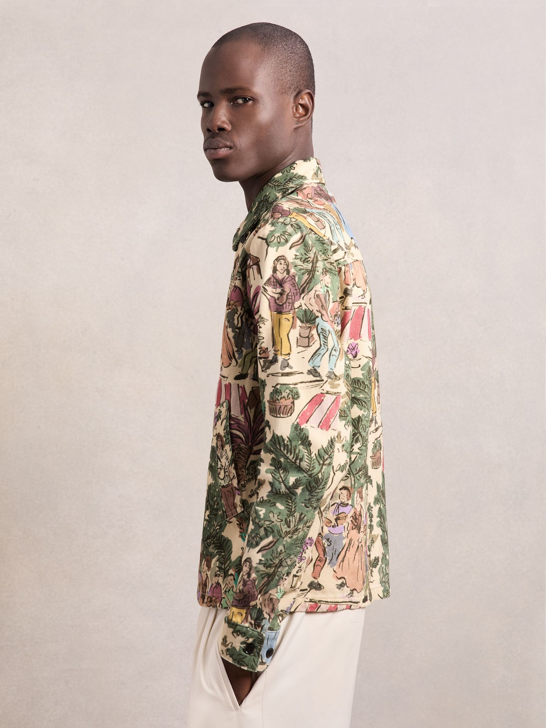 Les Deux Cotton Printed Worker Jacket in Oil Green (H71654) | $350