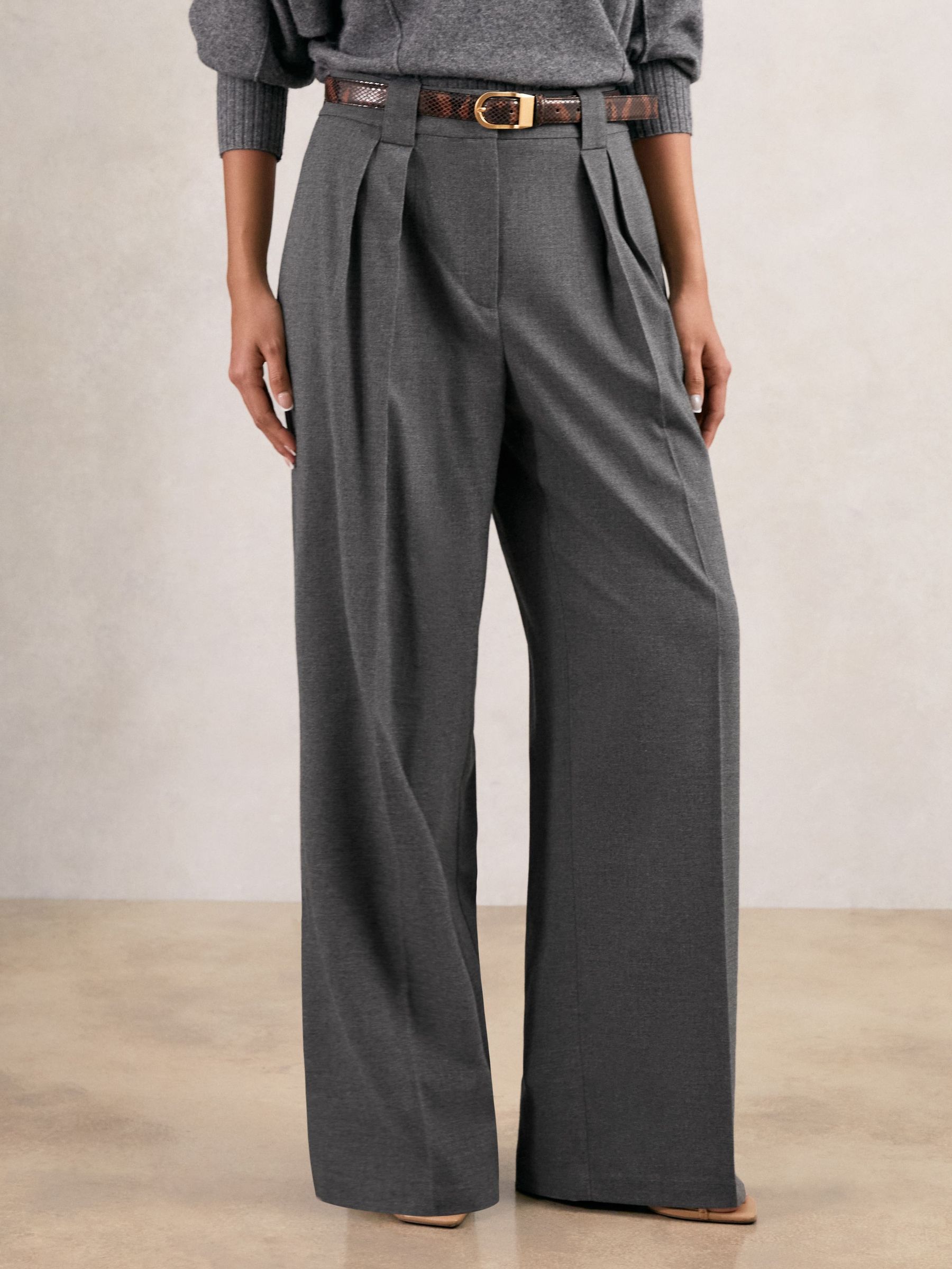 Petite Wide-Leg Pleated Trousers in Grey (H71656) | SGD 285