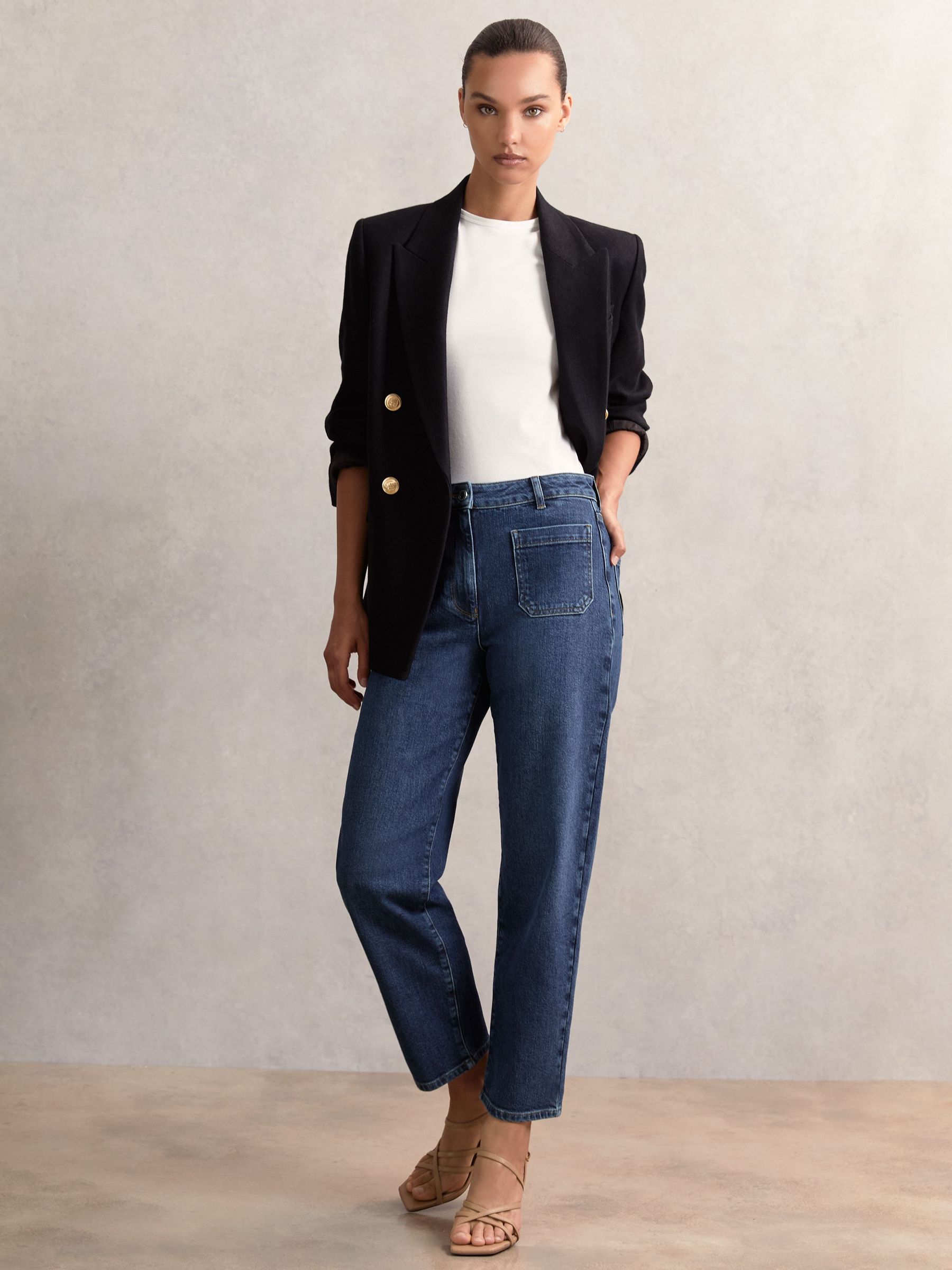 Petite Straight-Leg Patch-Pocket Jeans in Mid Blue (H71667) | $225