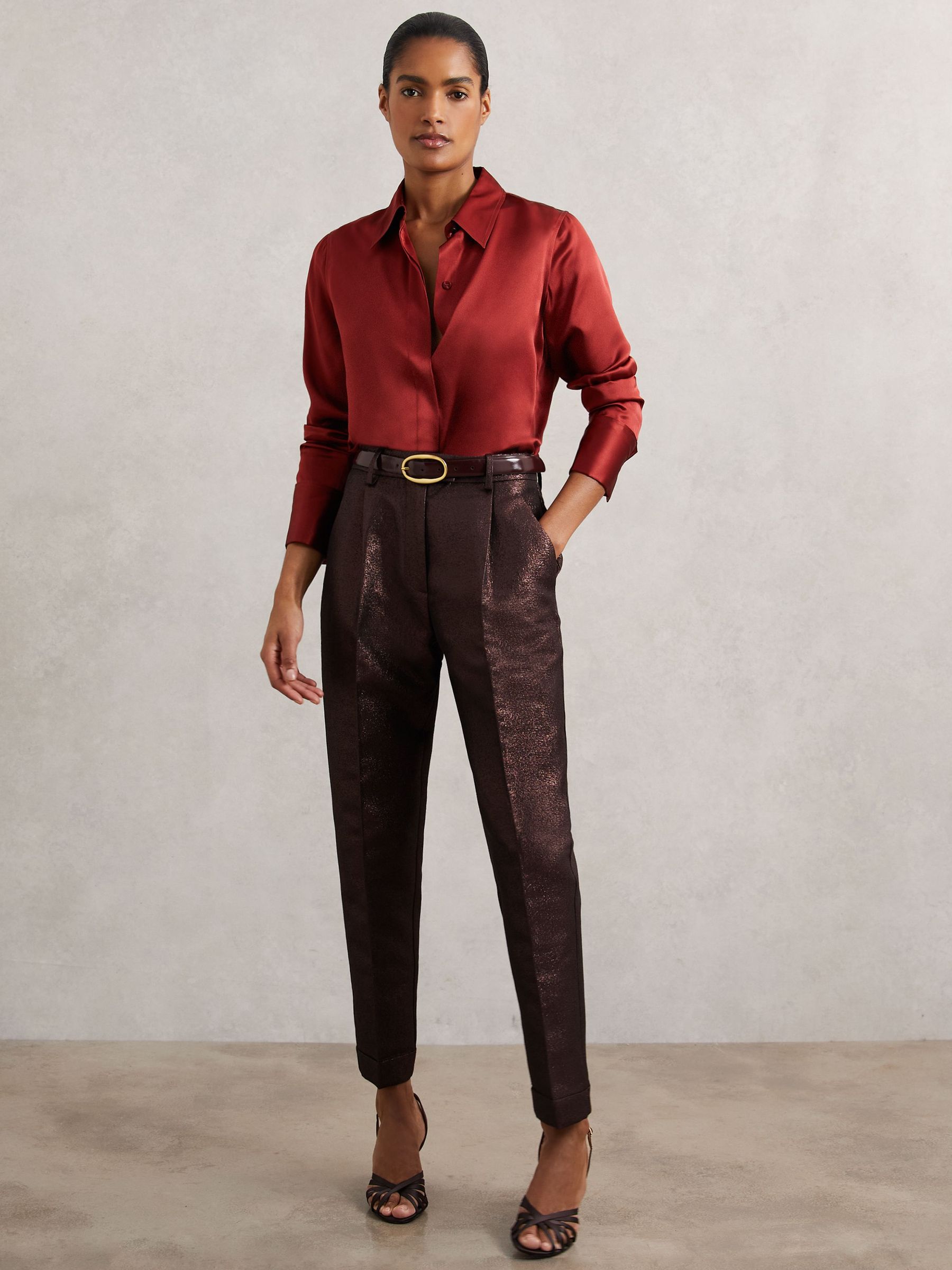 Tapered Metallic Suit Trousers with Cotton in Burgundy (H71674) | 710 QAR