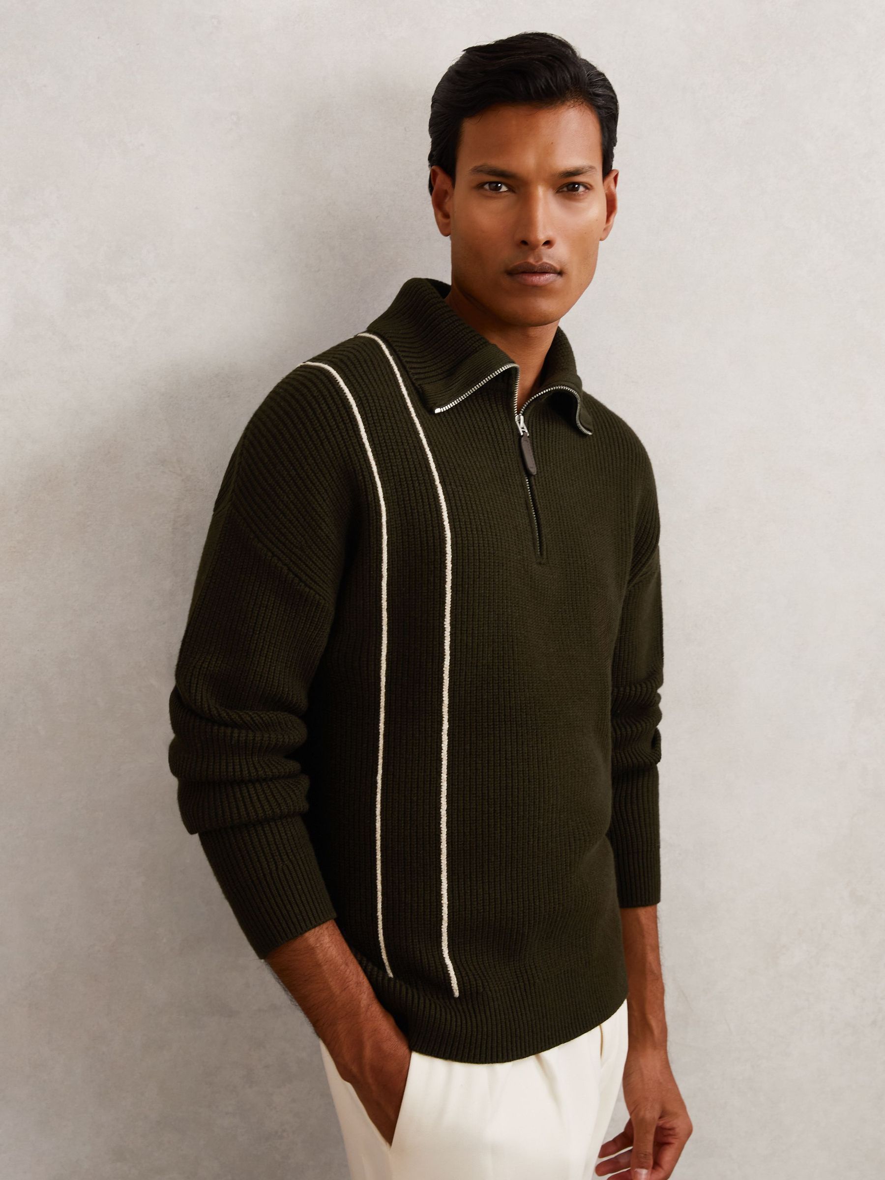 Rib-Knit Stitch-Detail Half-Zip Jumper with Wool in Dark Olive Green (H71777) | $240