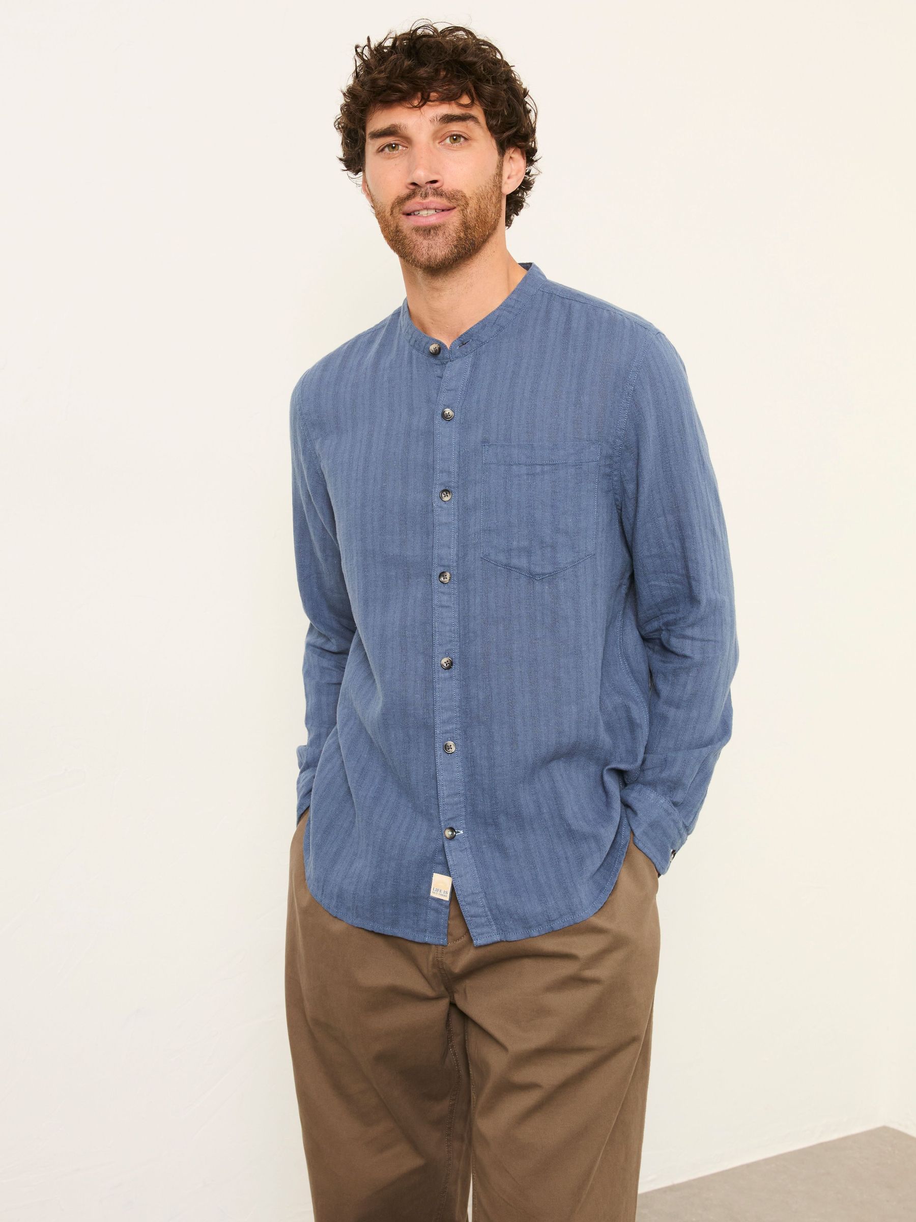 Bugle Denim Dark Blue Self Stripe Long Sleeve Grandad Linen Cotton Shirt (H74471) | $88