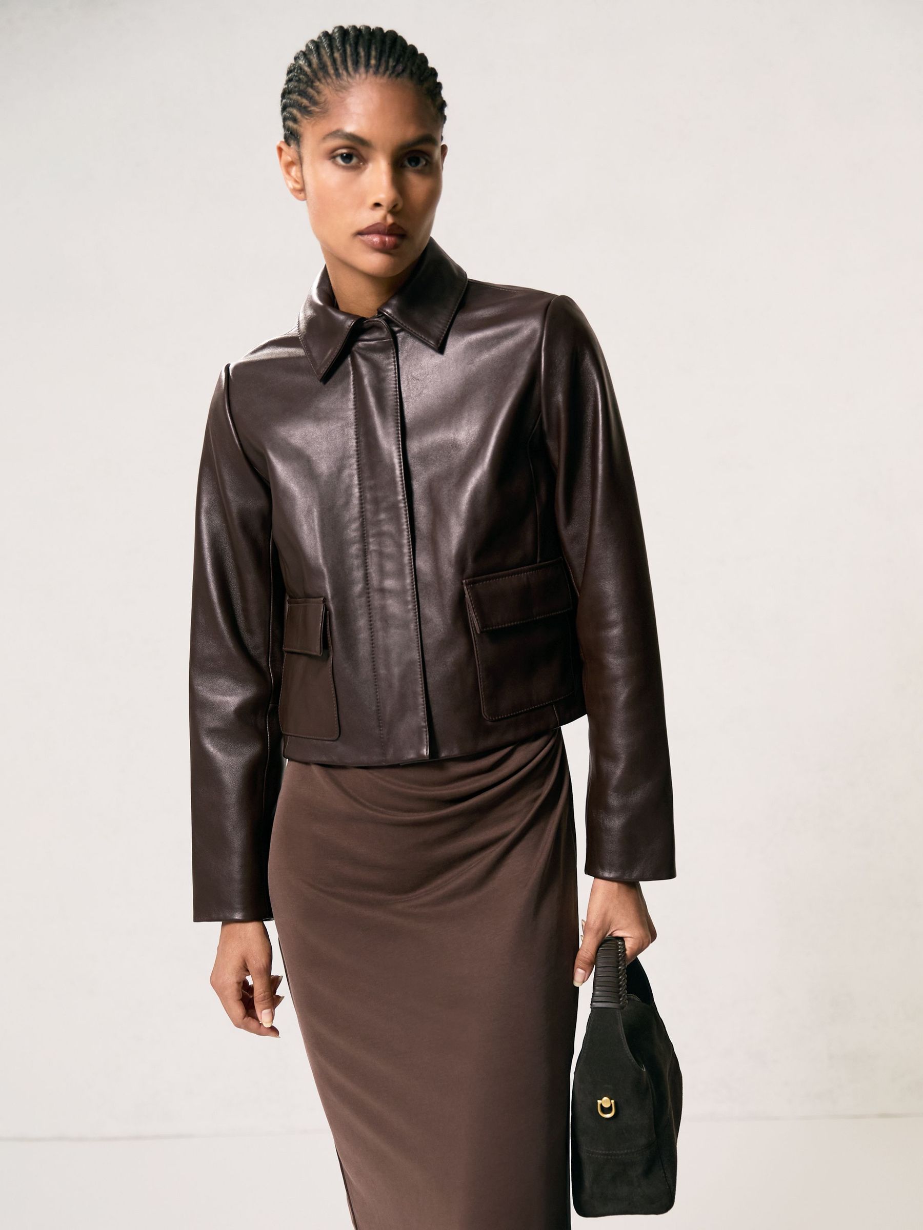 Collared Leather Jacket in Chocolate Brown (H76563) | 2,070 QAR