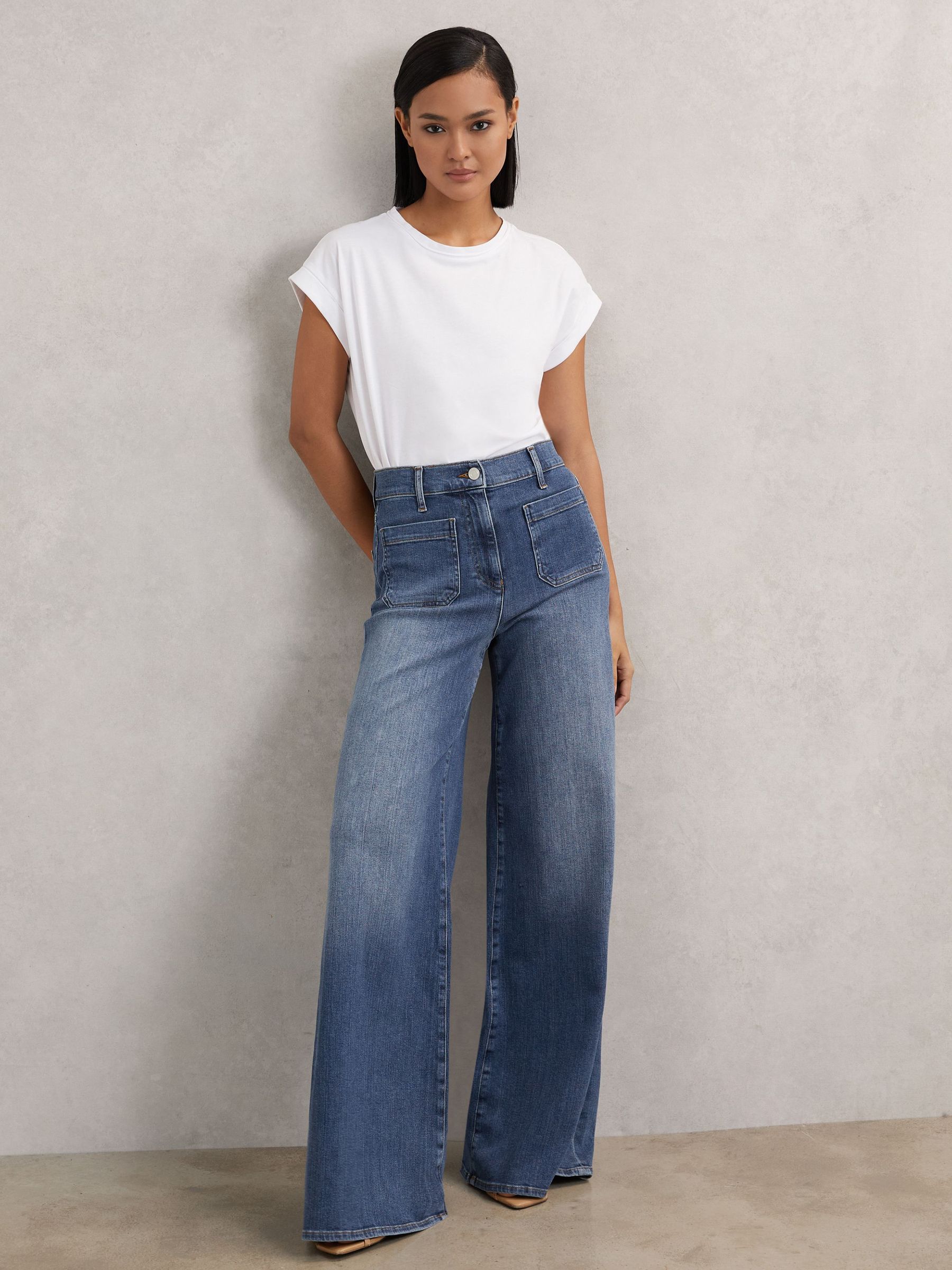 Patch Pocket Wide Leg Jeans in Mid Blue (H76569) | 925 QAR