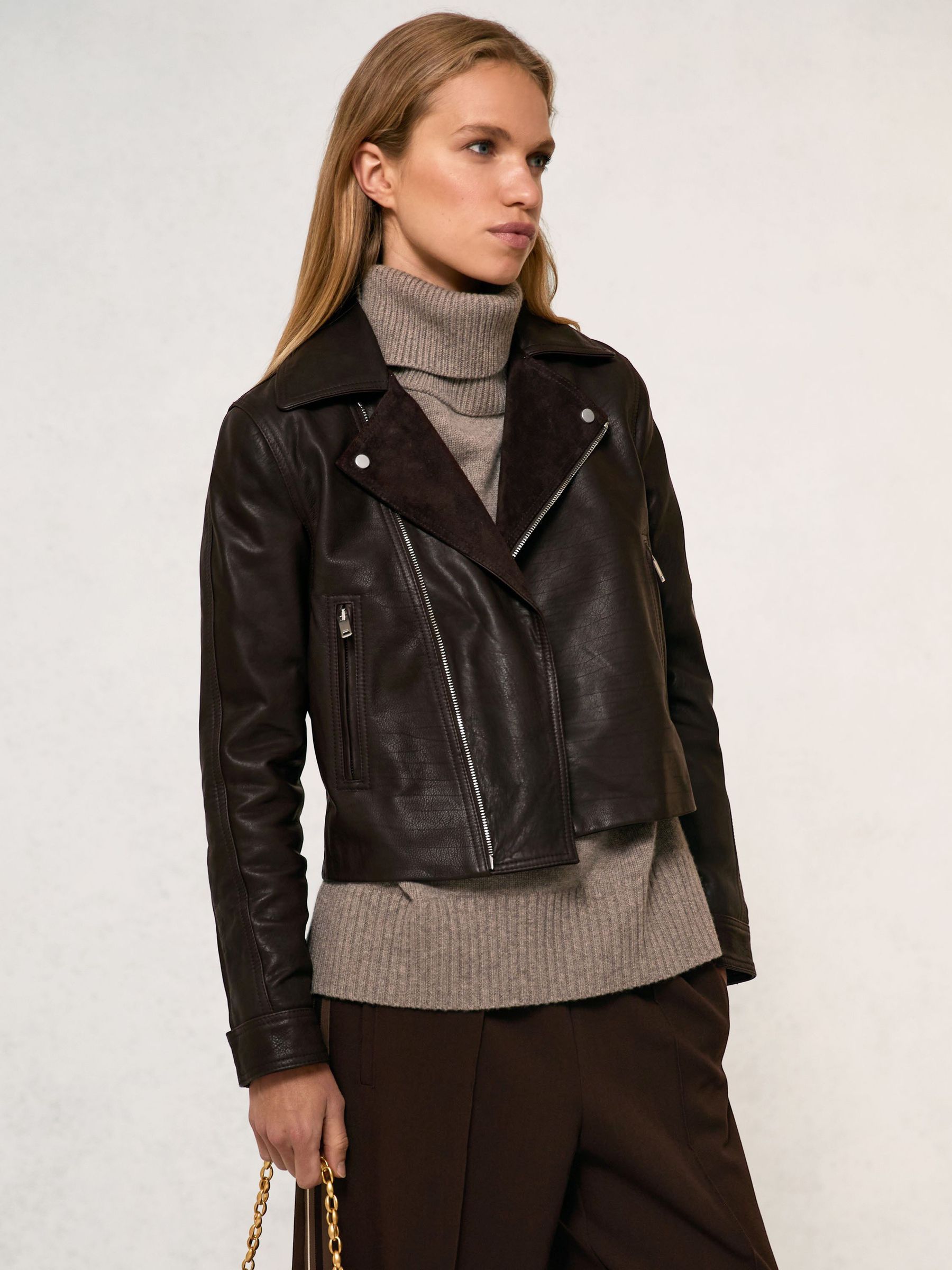 Petite Suede-Lapel Leather Biker Jacket in Chocolate Brown (H76574) | 2,165 QAR