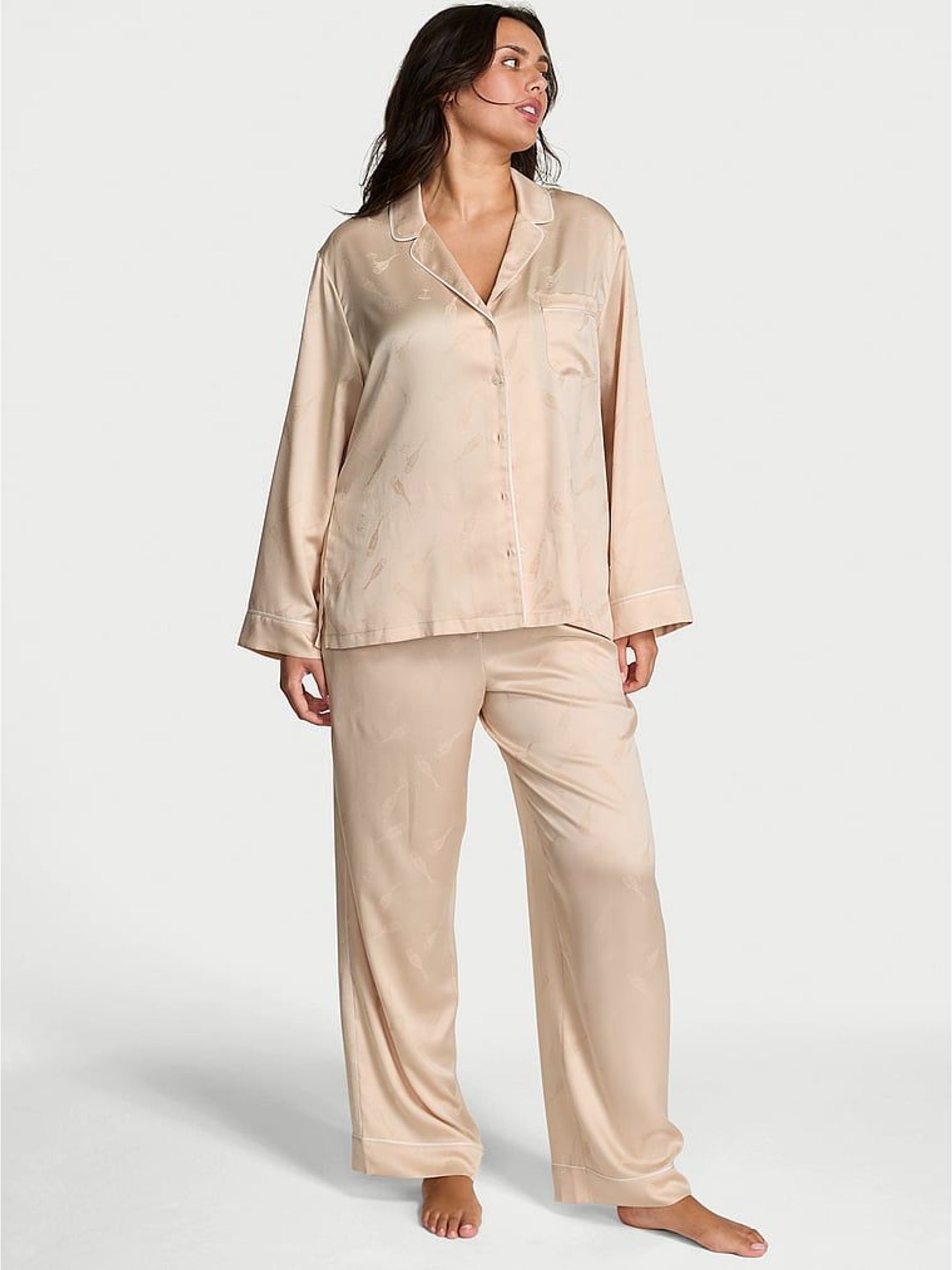 Nude Christmas Champagne Bottles Satin Long Pyjamas Set (H76601) | €87