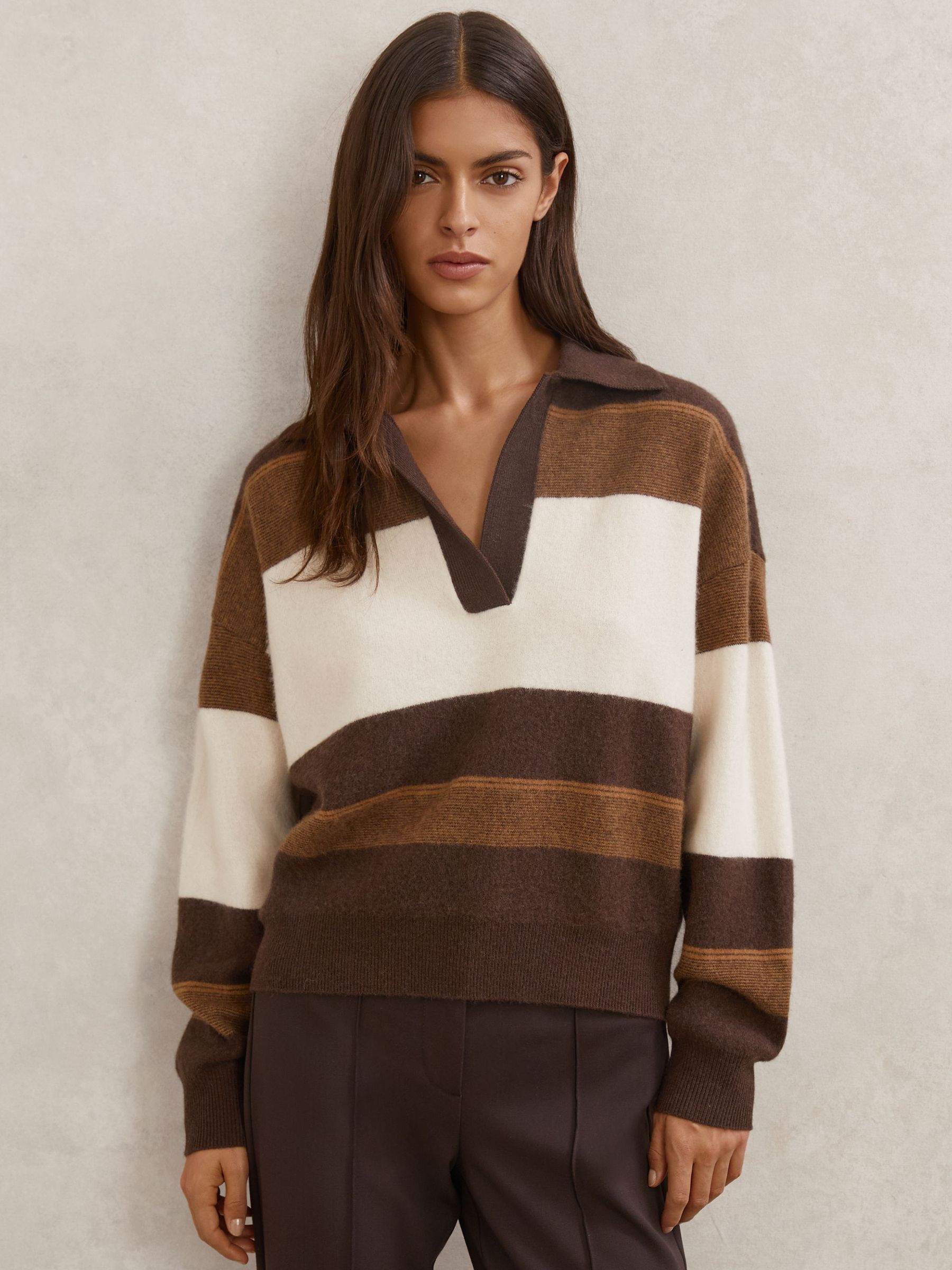 Wool-Cashmere Stripe Collared Jumper in Chocolate/Cream (H76923) | $310