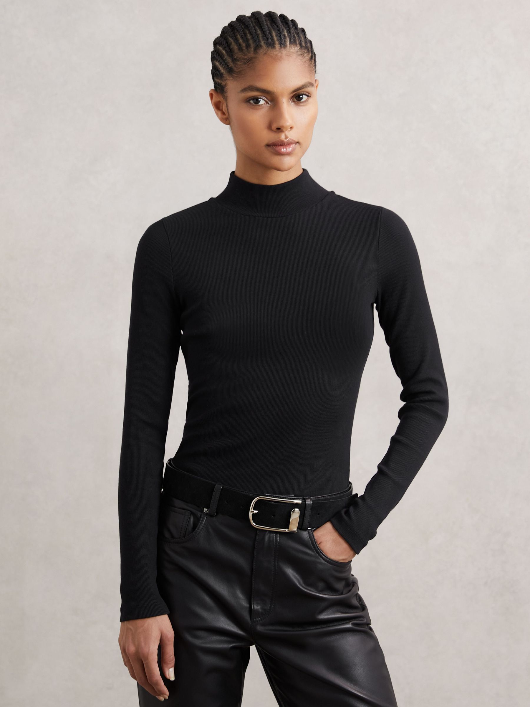 Stretch-Cotton Funnel-Neck Top in Black (H76932) | 265 QAR