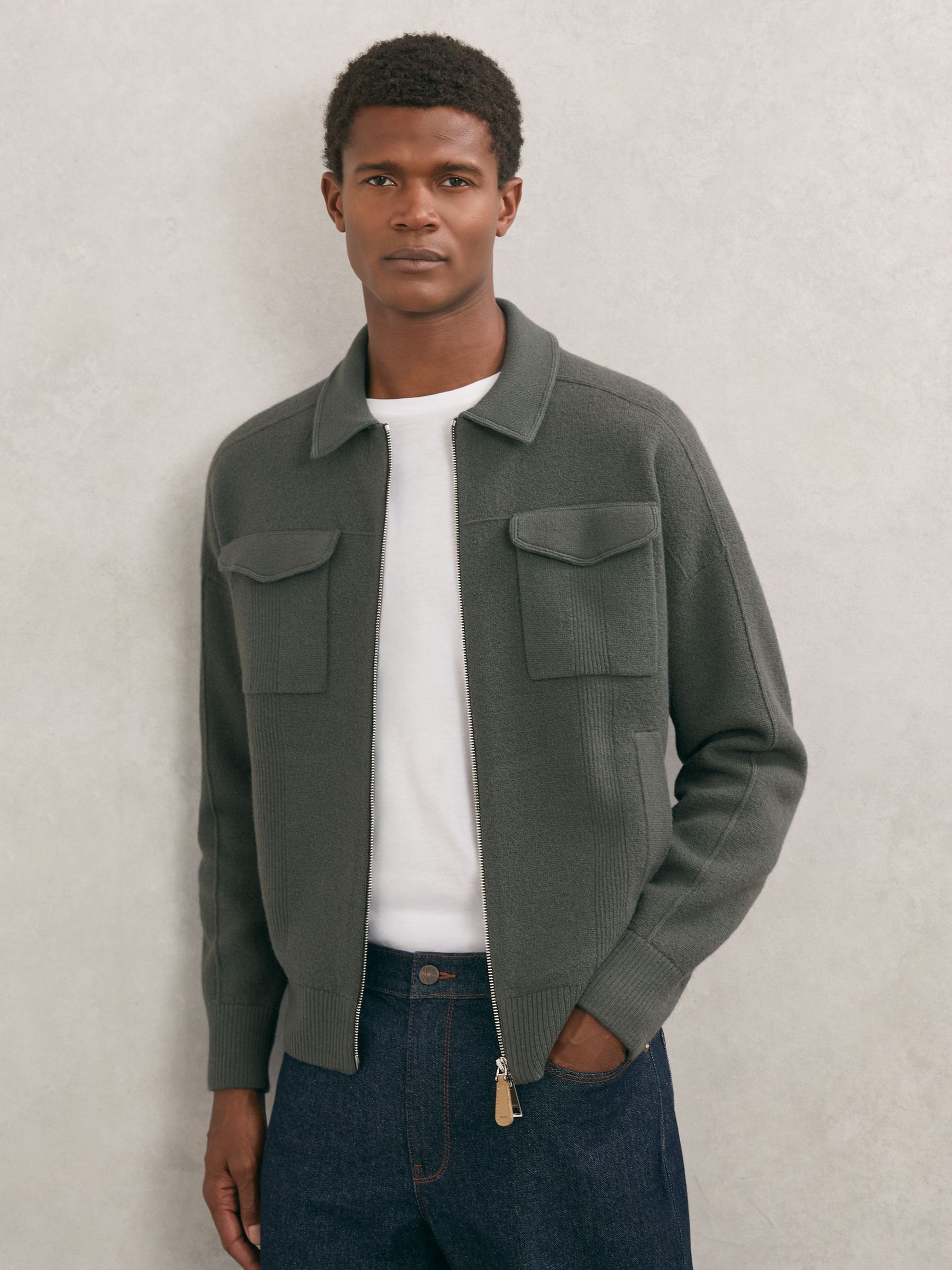Merino Wool Twin-Pocket Cardigan in Khaki Green (H77221) | $298