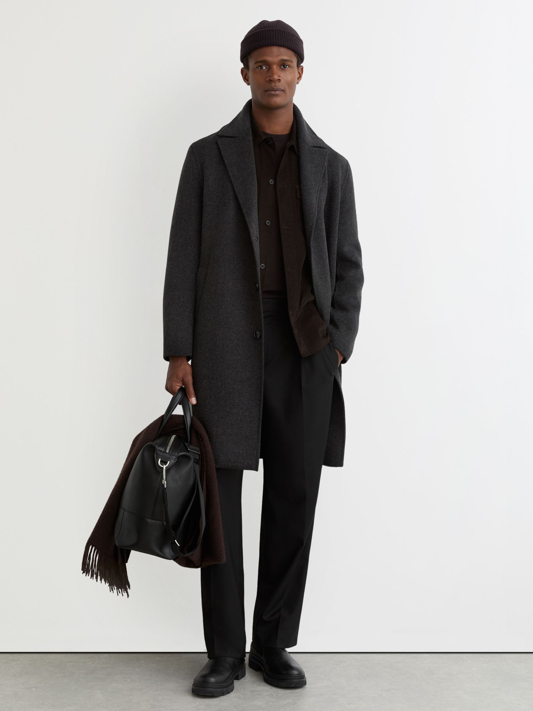 Wool-Blend Single-Breasted Overcoat in Charcoal Grey (H77235) | $595