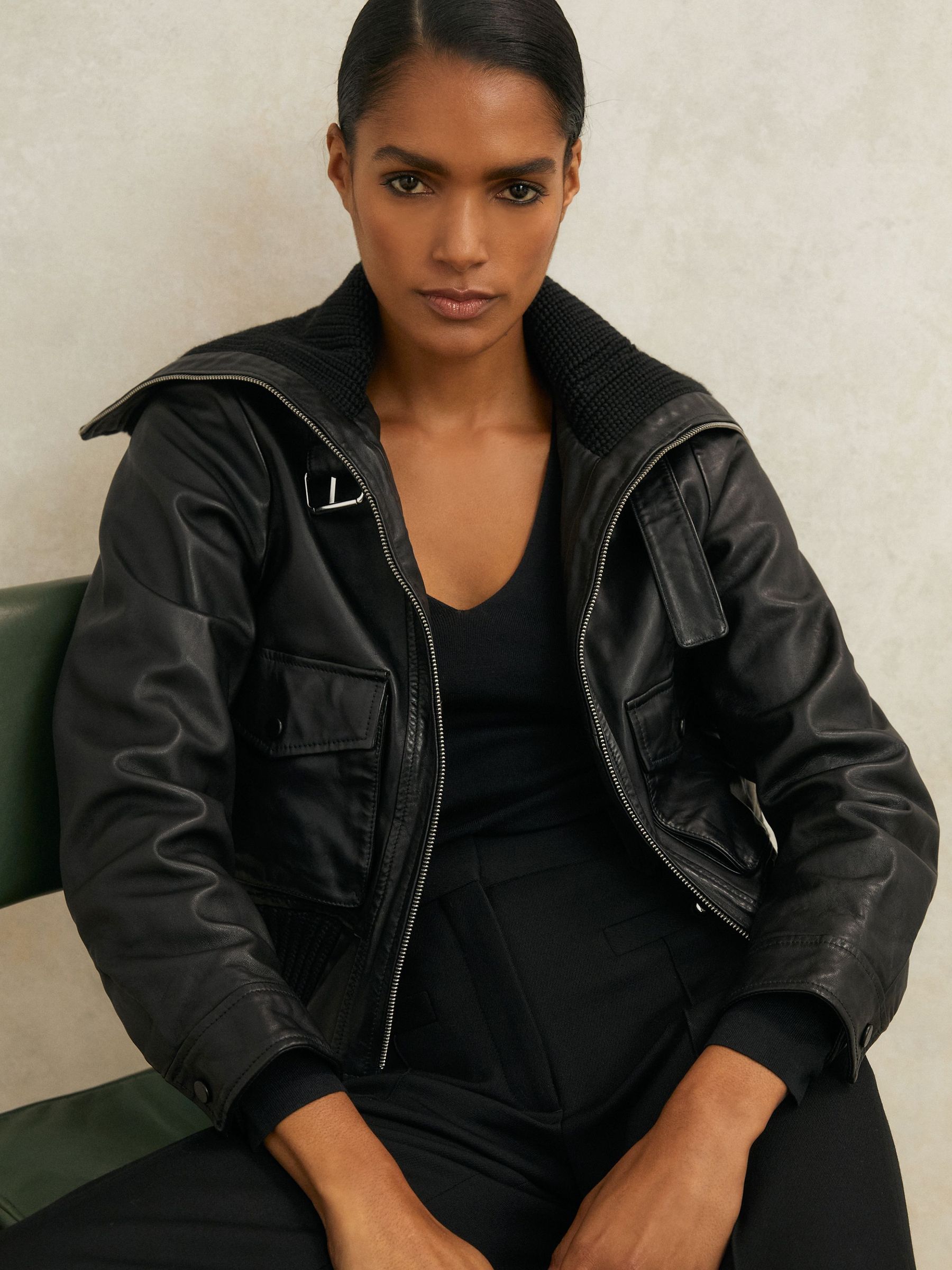 Atelier Leather Rib-Trim Jacket in Black (H77665) | 2,695 QAR