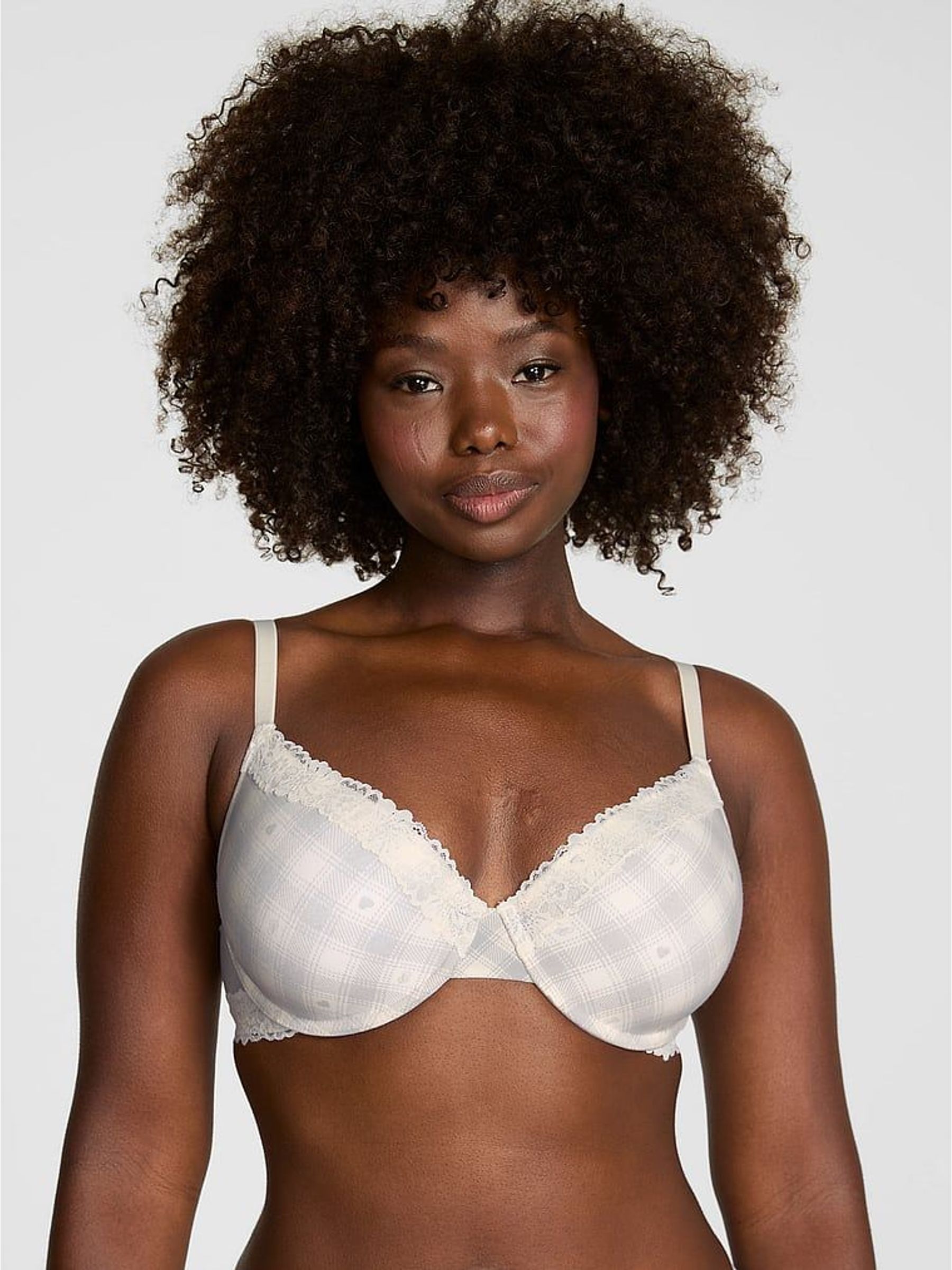 White Tartan Lightly Lined Cotton Heather Lace Trim Bra (H77697) | €37
