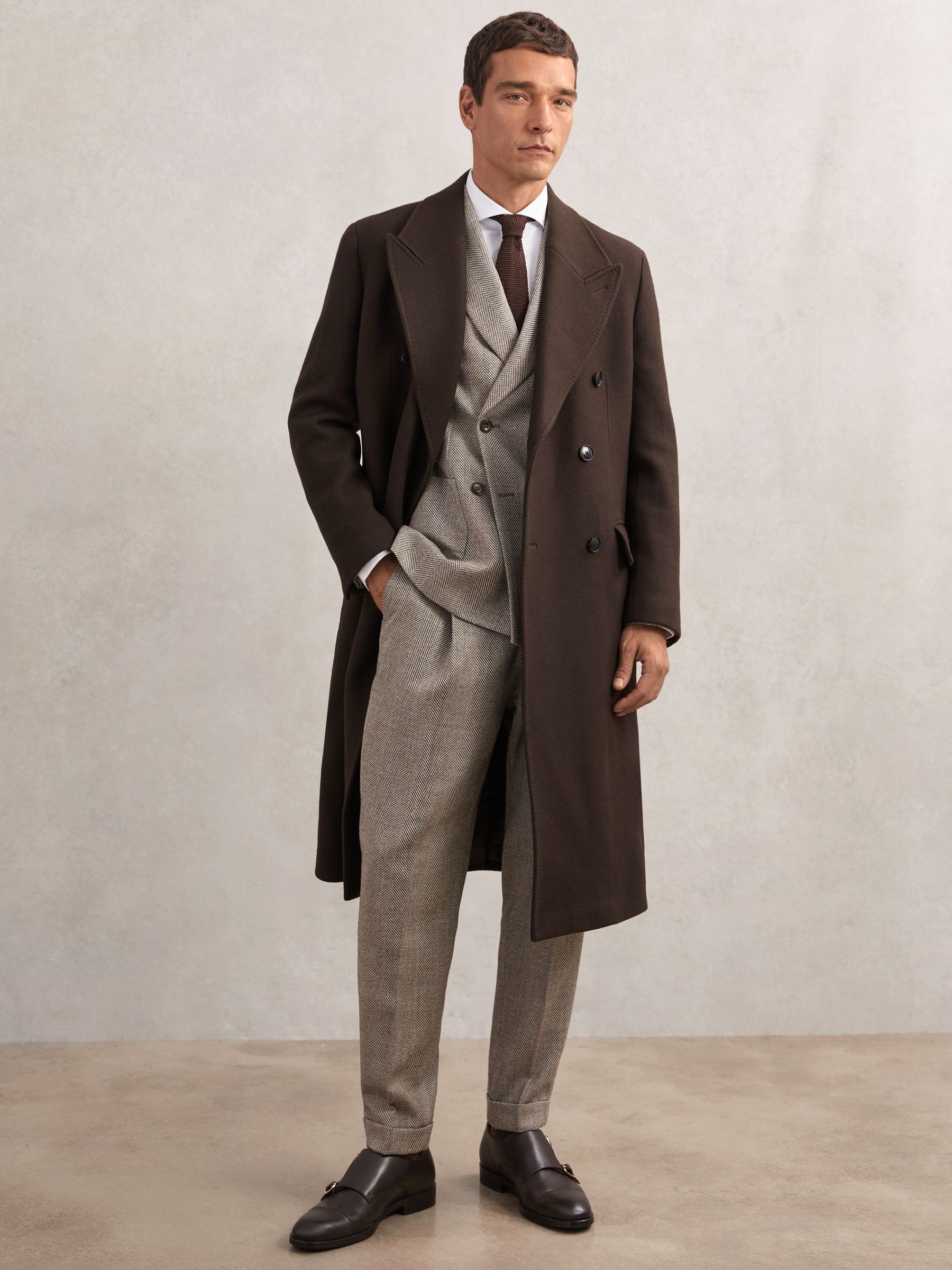 Wool-Blend Herringbone Trousers Tailored-Fit in Brown (H80174) | $345