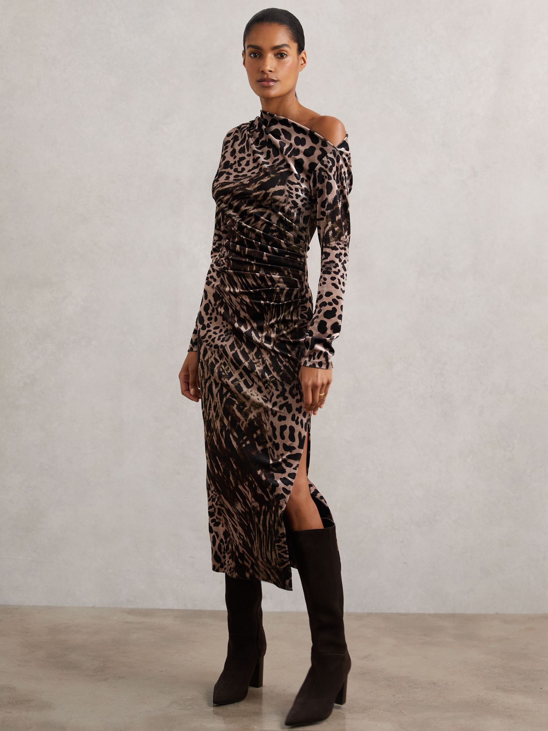 Velvet Leopard-Print Midi Dress in Black/Brown (H80418) | 925 QAR